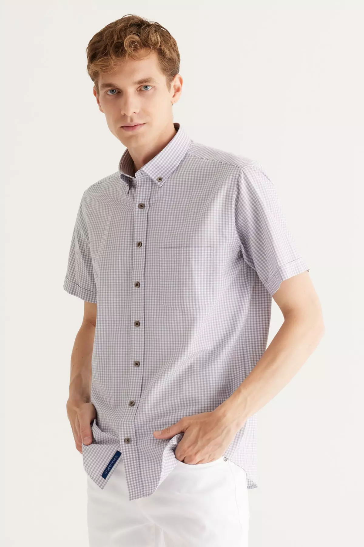 Men's Gray-White Comfort Fit Button-Down Collar Cotton Plaid Shirt