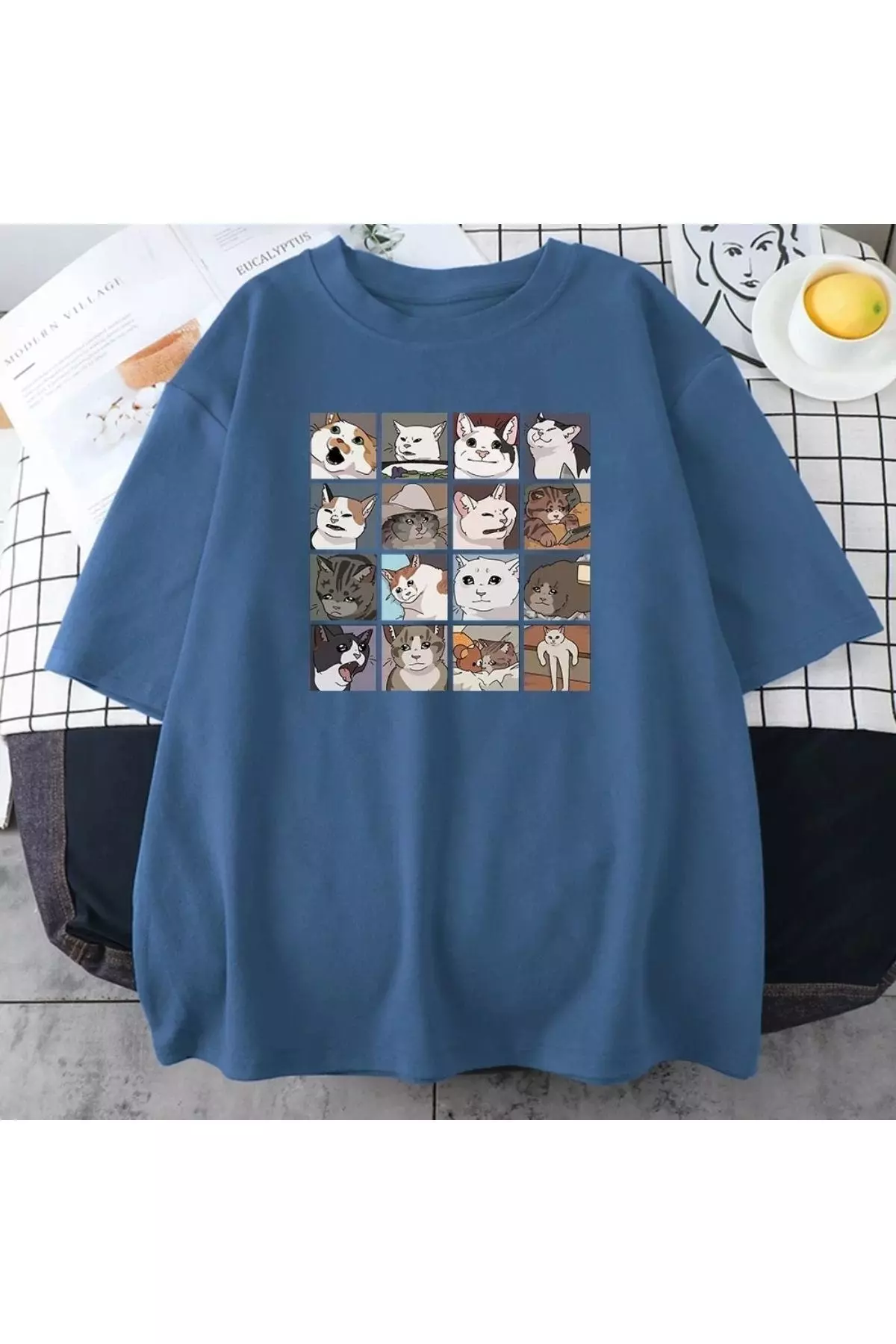 Black Street Men's Blue Printed Oversized Bicycle Collar T-shirt