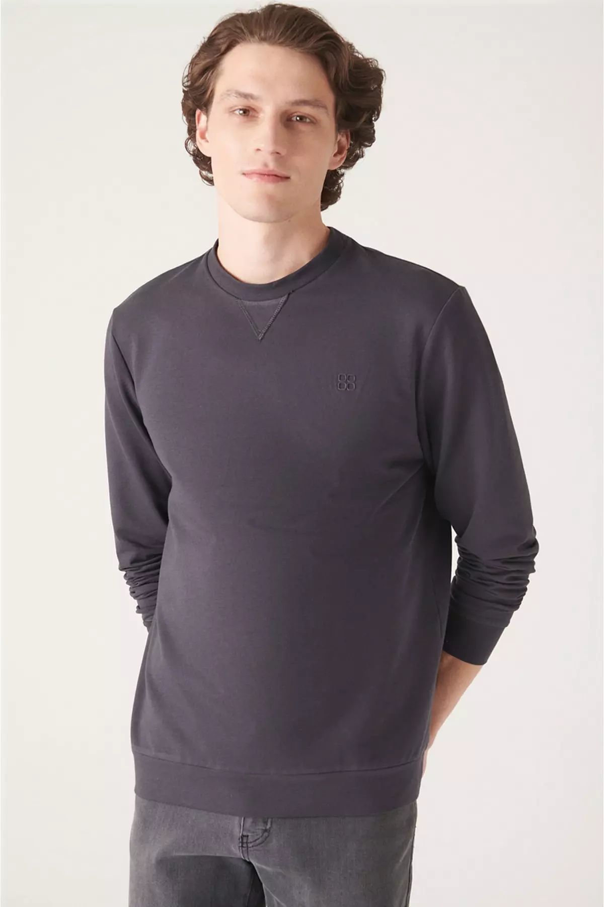 Anthracite Bicycle Neck Cotton Stretch Comfort Fit Sweatshirt