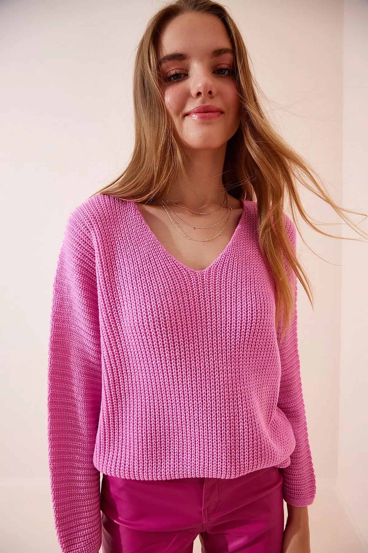 Women's Pink V-Neck Selanik Knitted Oversized Sweater ZA00059