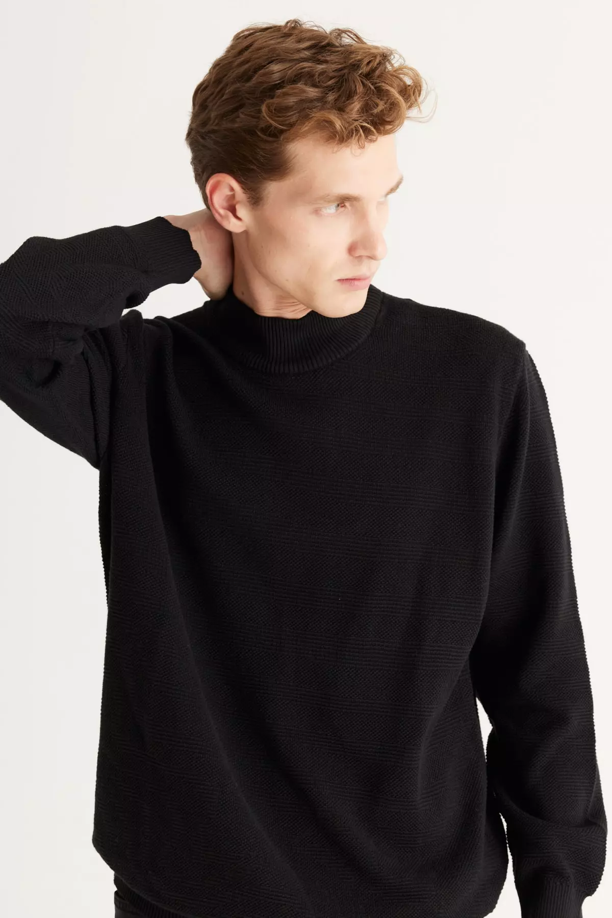Men's Black Recycle Standard Fit Regular Cut Half Fisherman Collar Cotton Jacquard Knit Sweater