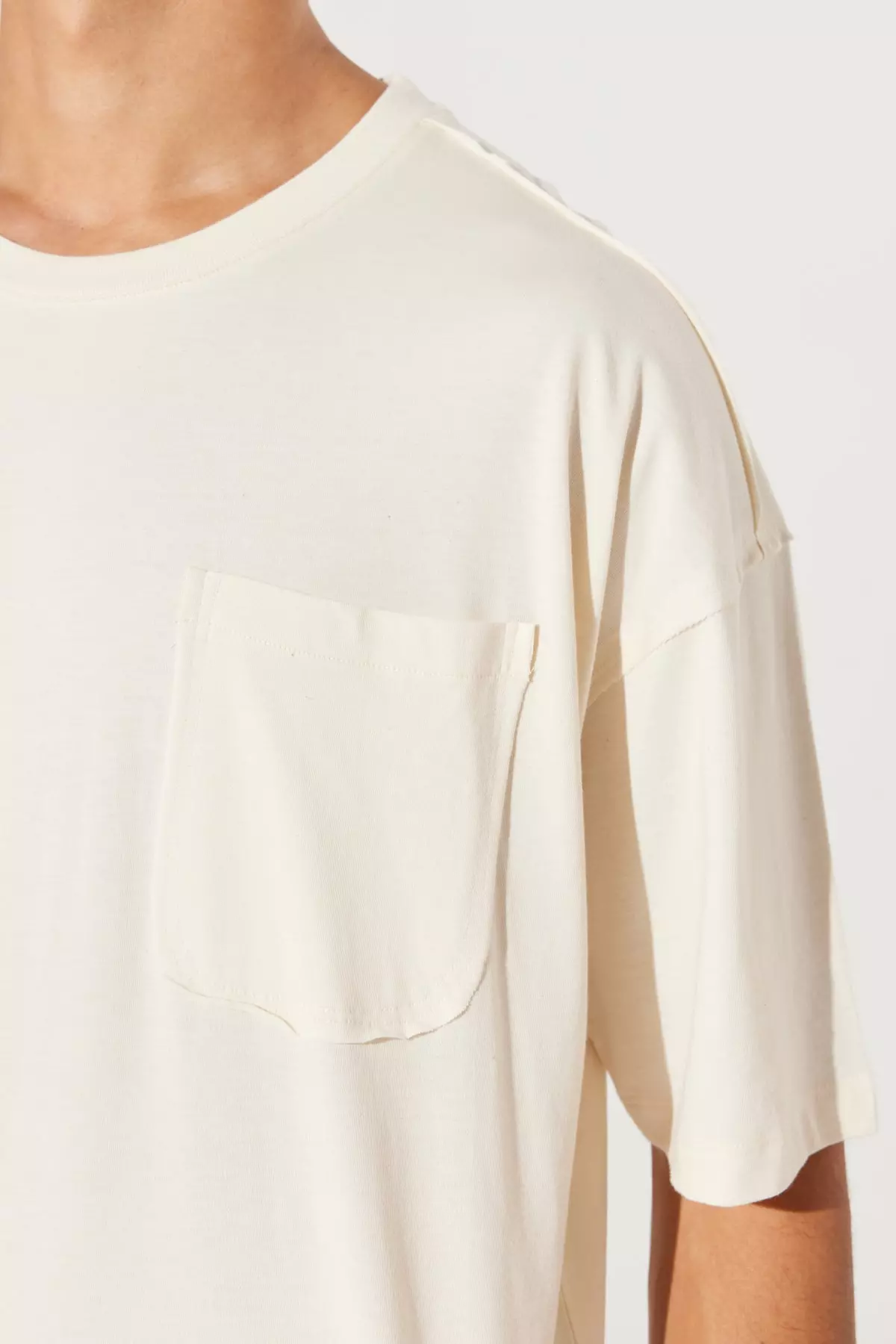 Men's Ecru Oversize Fit Wide Cut Bicycle Collar 100% Cotton T-shirt