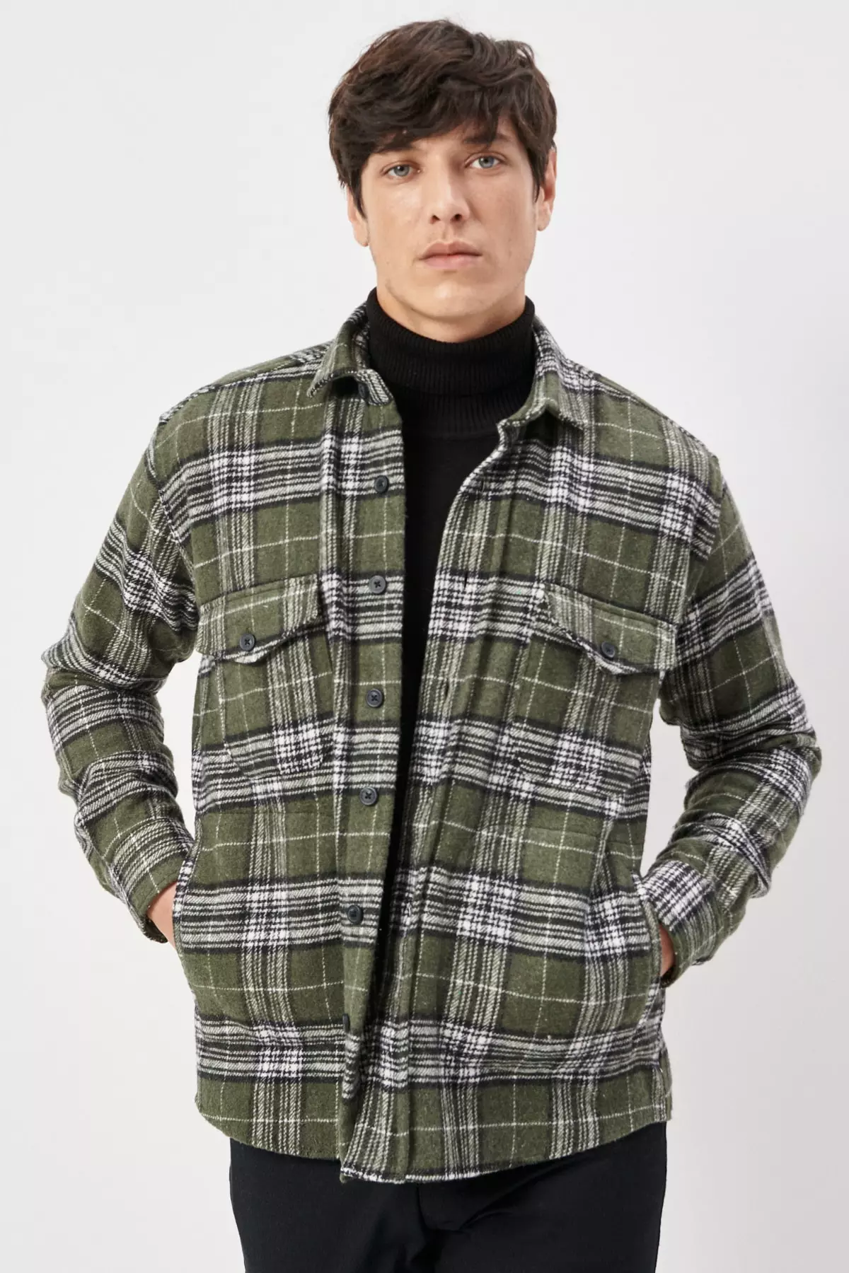 Men's Khaki Oversized Loose Fit Button-Down Plaid Shirt Jacket