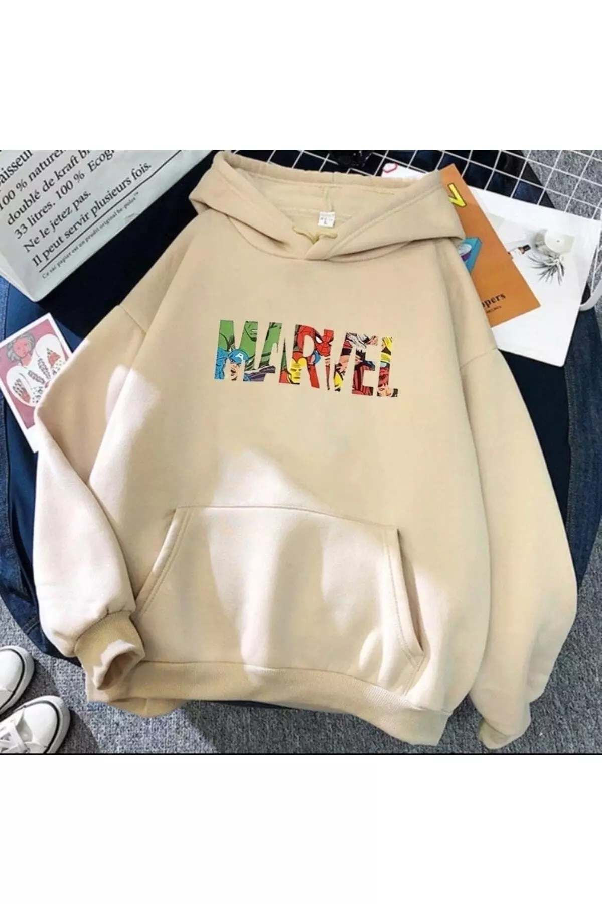 Unisex Beige Marvel Printed Oversized Hooded Sweatshirt