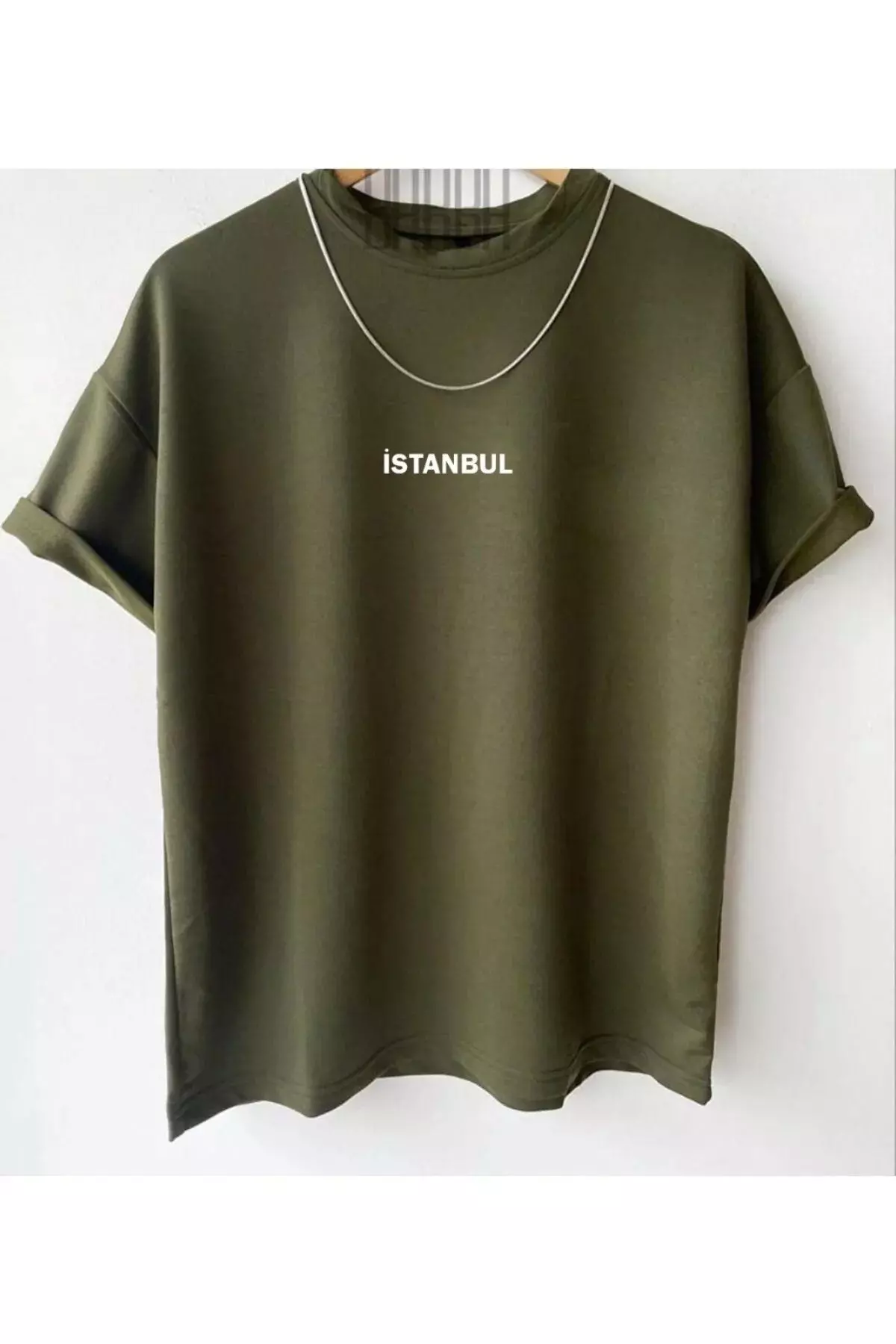 Men's Khaki Istanbul Printed Oversized Bicycle Collar T-shirt