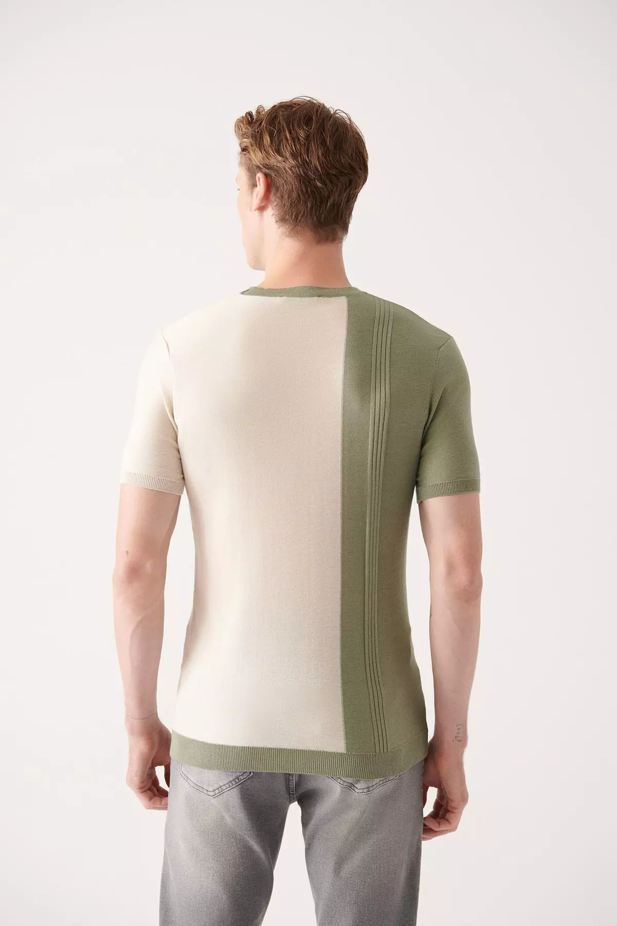 Water Green Bicycle Neck Color Block Ribbed Regular Fit Knit T-shirt