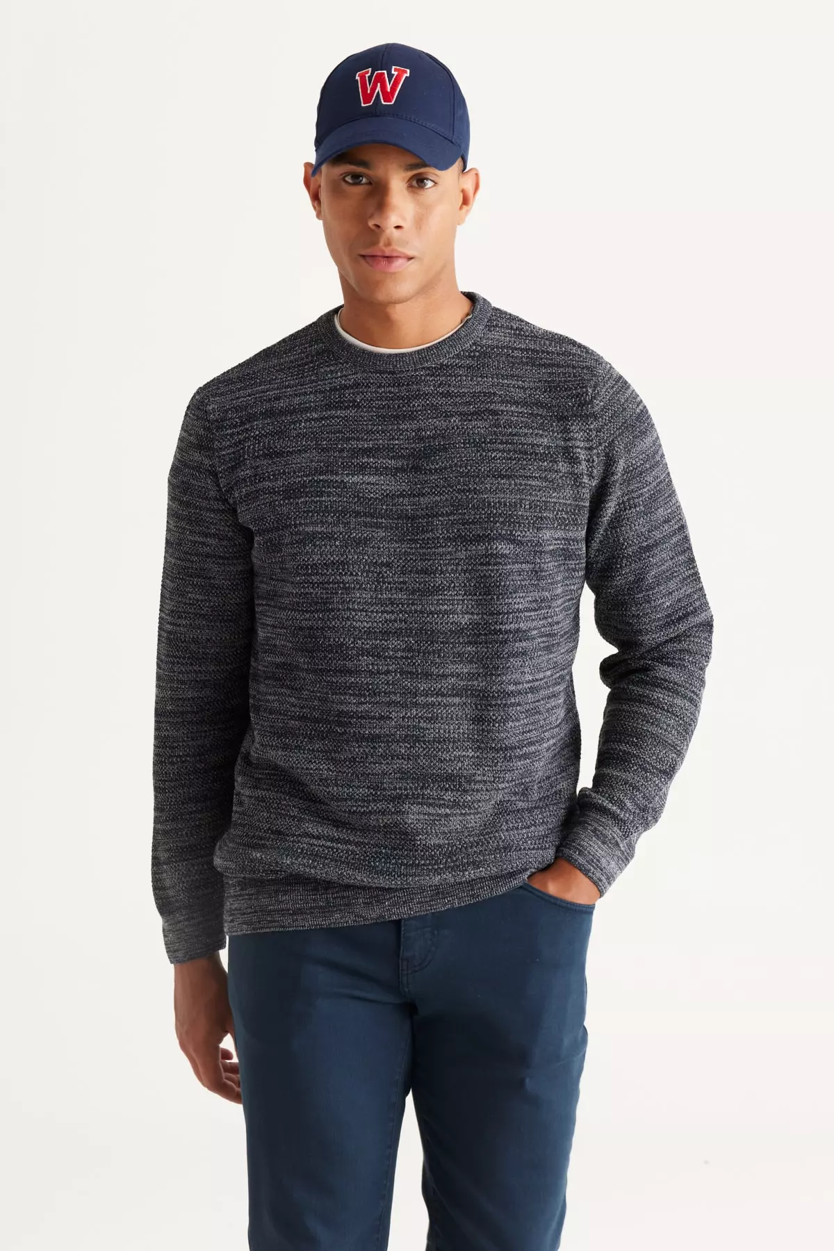 Men's Navy-Grey Recycle Regular Fit Normal Cut Patterned Sweater with Bicycle Collar
