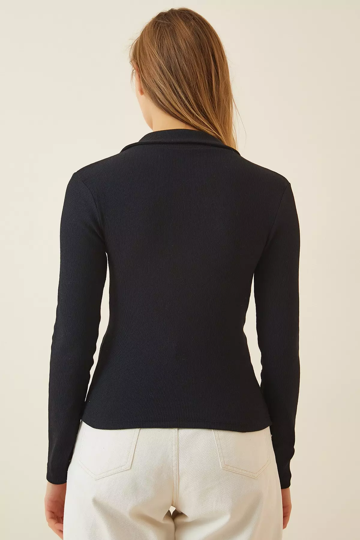 Women's Black Polo Collar Ribbed Knit Blouse GT00111