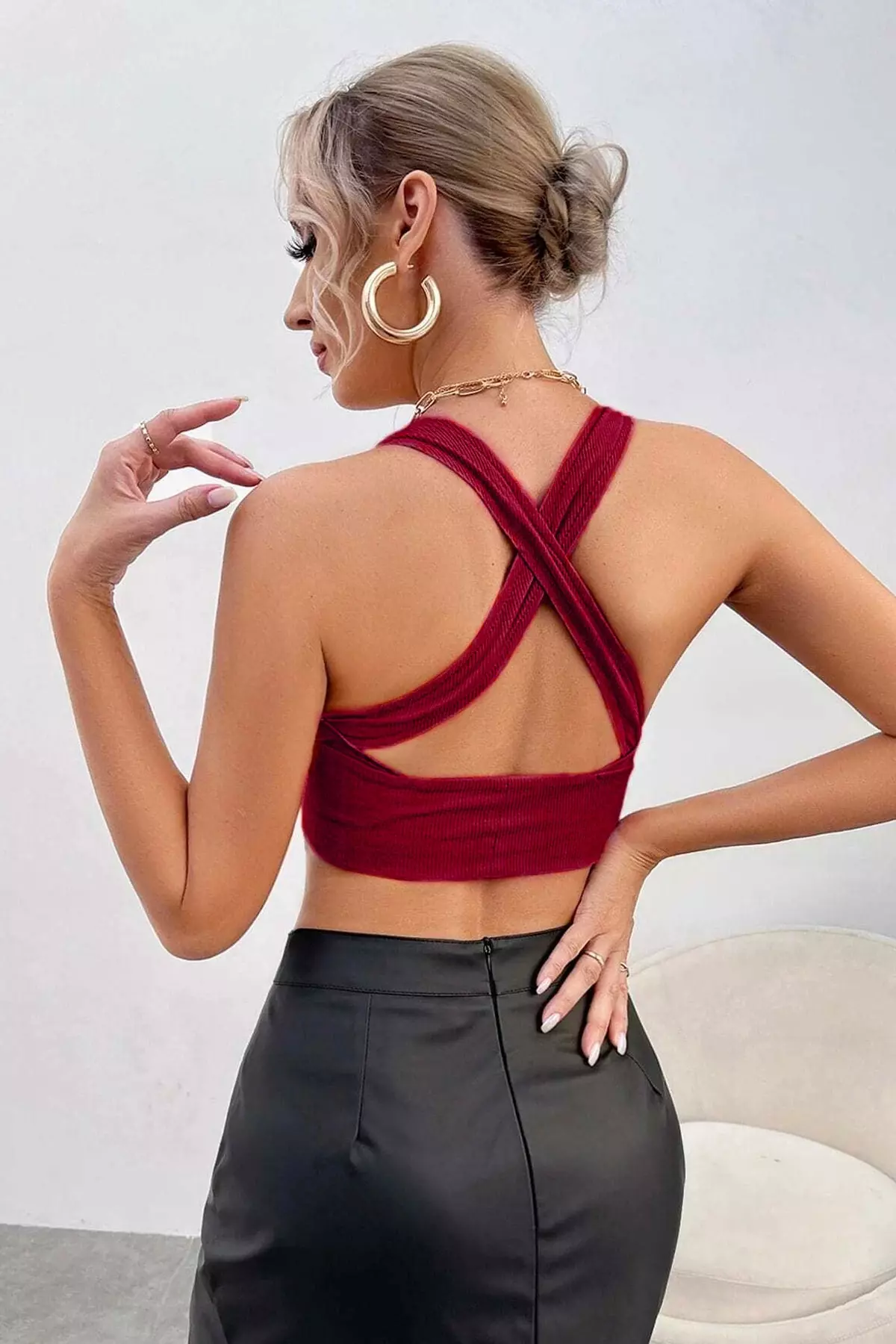 Women's Burgundy Cross Back Detail Stylish Crop Top Blouse