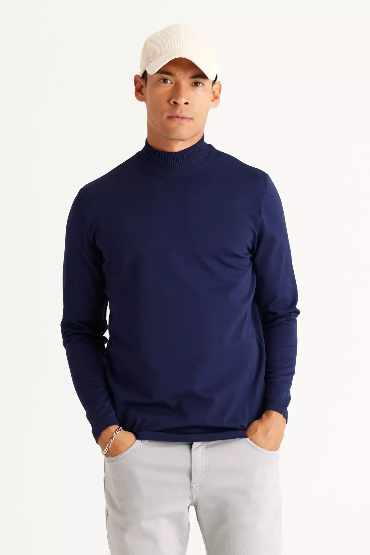 Men's Navy Blue Standard Fit Regular Cut Half Fisherman Collar Knit Sweater