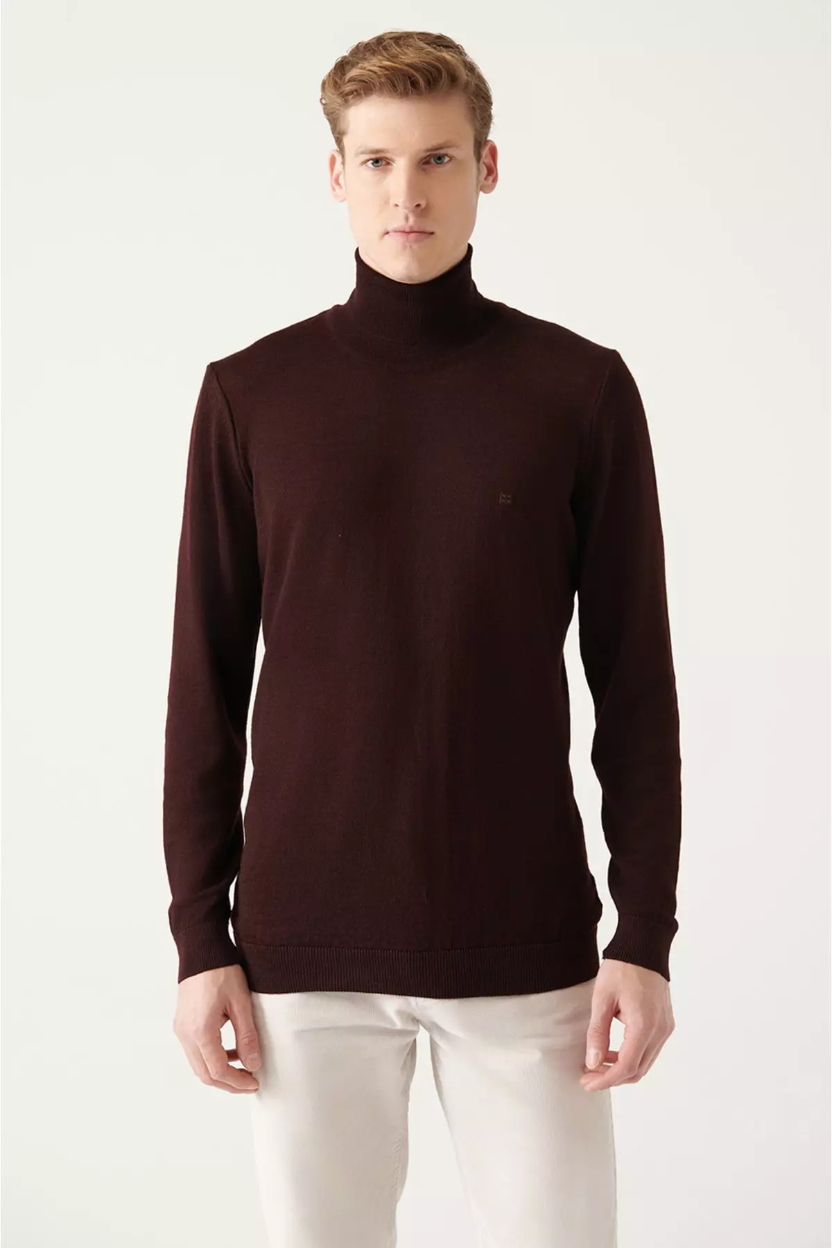 Men's Burgundy Full Fisherman Collar Mixed Wool Sweater E005014