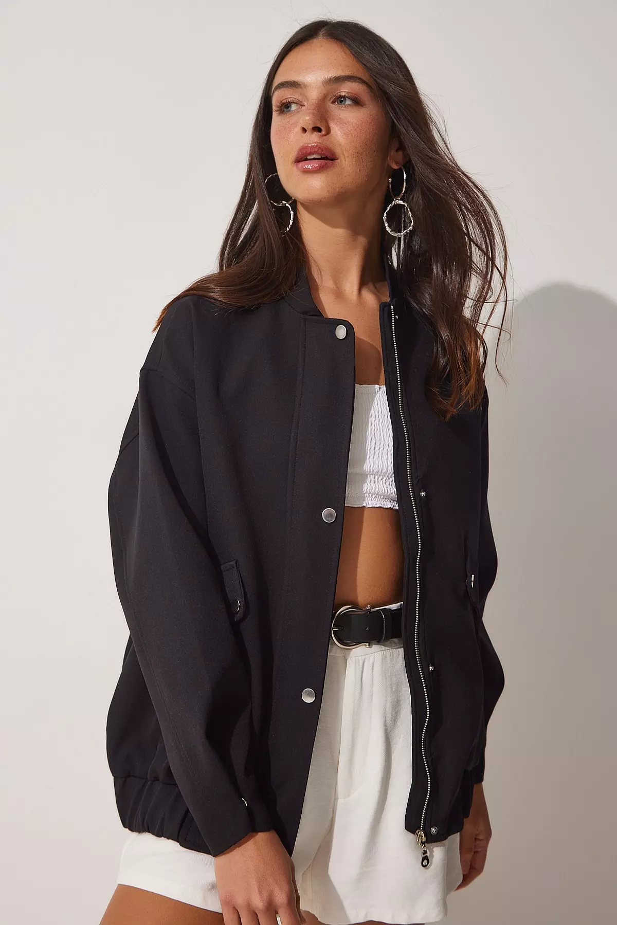 Women's Black Wide Pocket Bomber Jacket FN03051