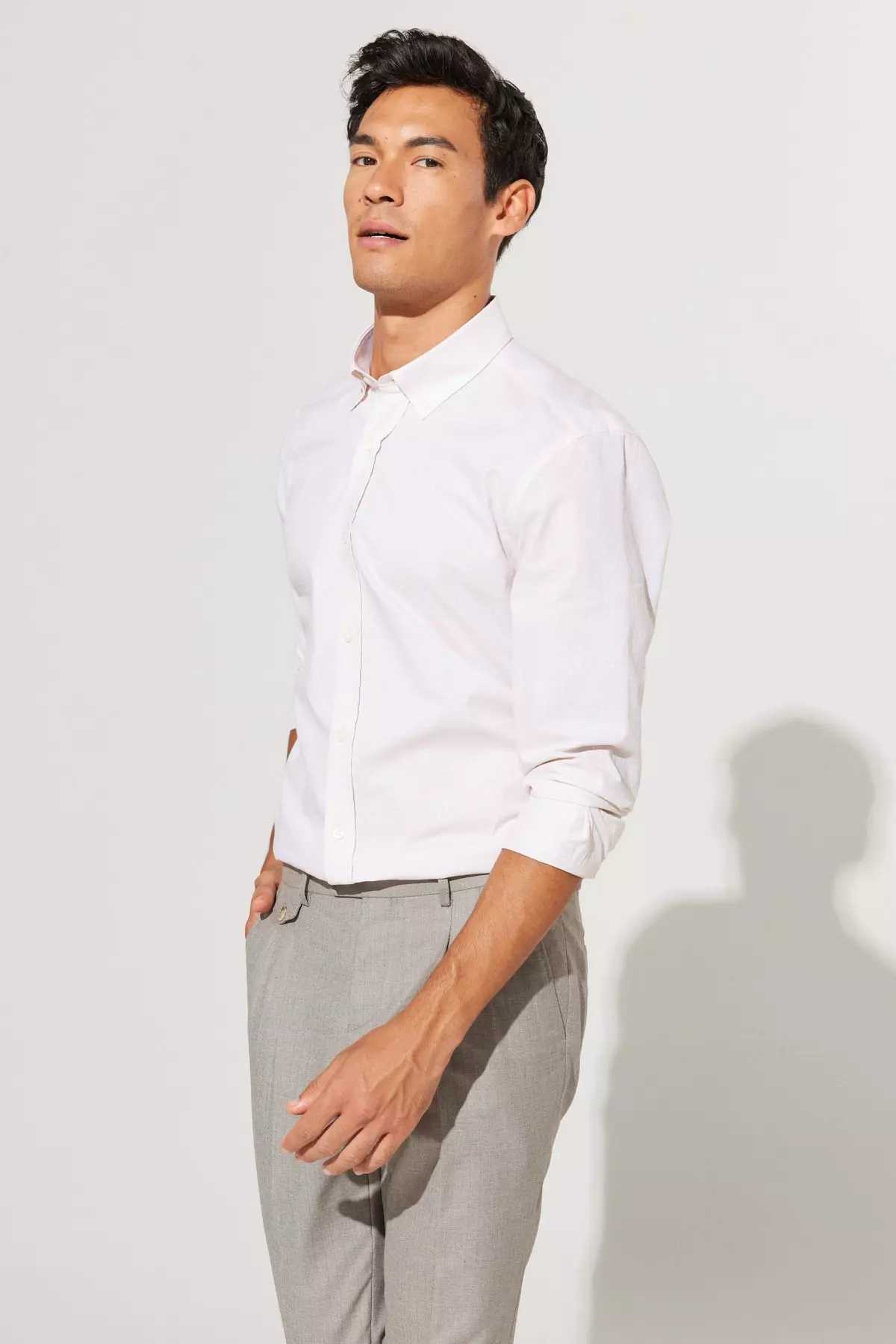 Men's Beige Slim Fit Narrow Cut Button Collar 100% Cotton Oxford Shirt