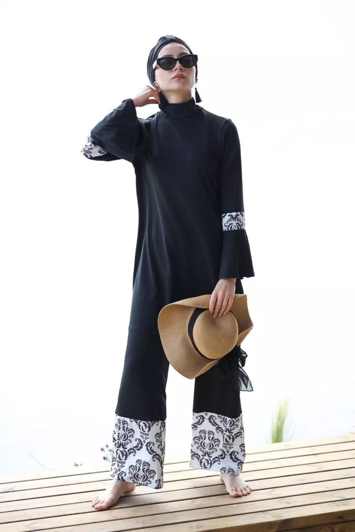 4-Piece Black Patterned Full-Coverage Burkini 1958