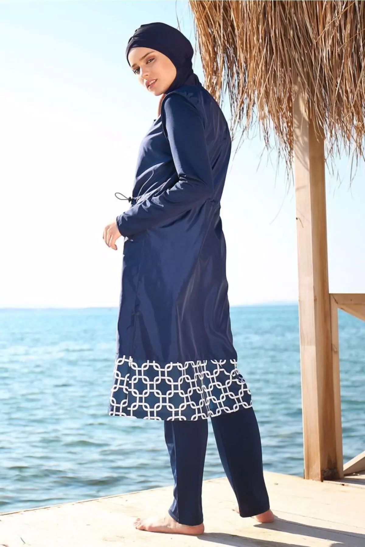 3-piece navy blue skirt with geometric patterned full coverage swimsuit 1997