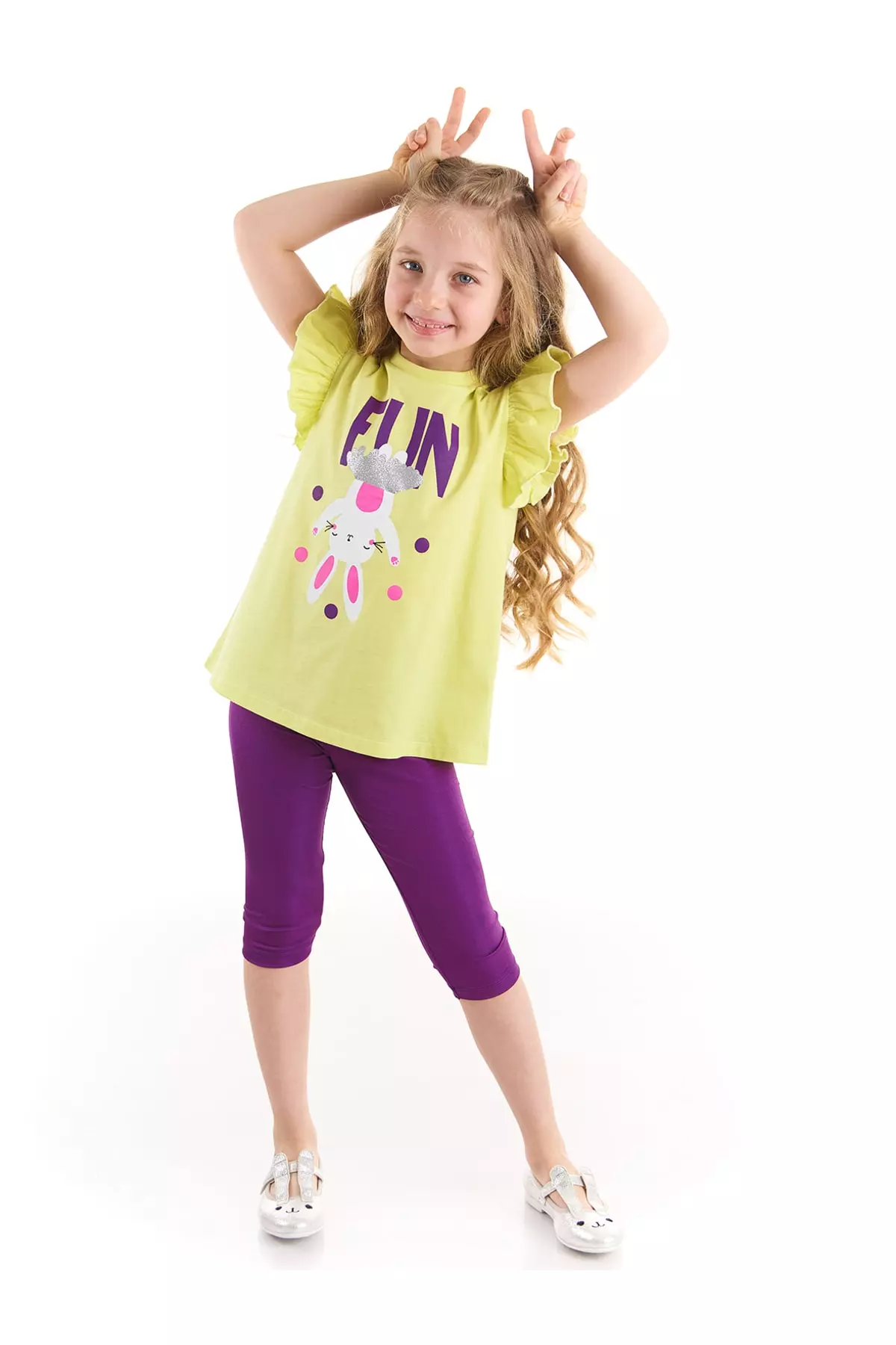 Rabbit Pom Pom Cotton Girl Yellow T-shirt Purple Leggings Set