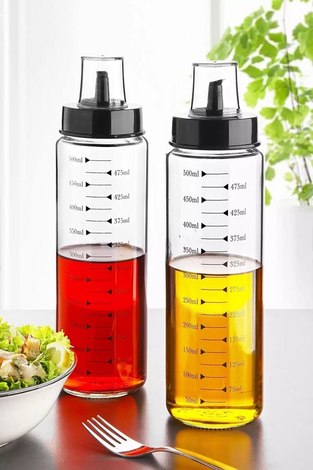Wooden Stand 2-piece 500 Ml Non-drip Smart Glass Oil and Vinegar Set