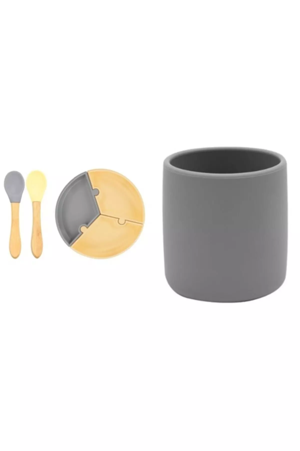 3-piece Set, Puzzle Plate, Bamboo Spoon, Silicone Cup