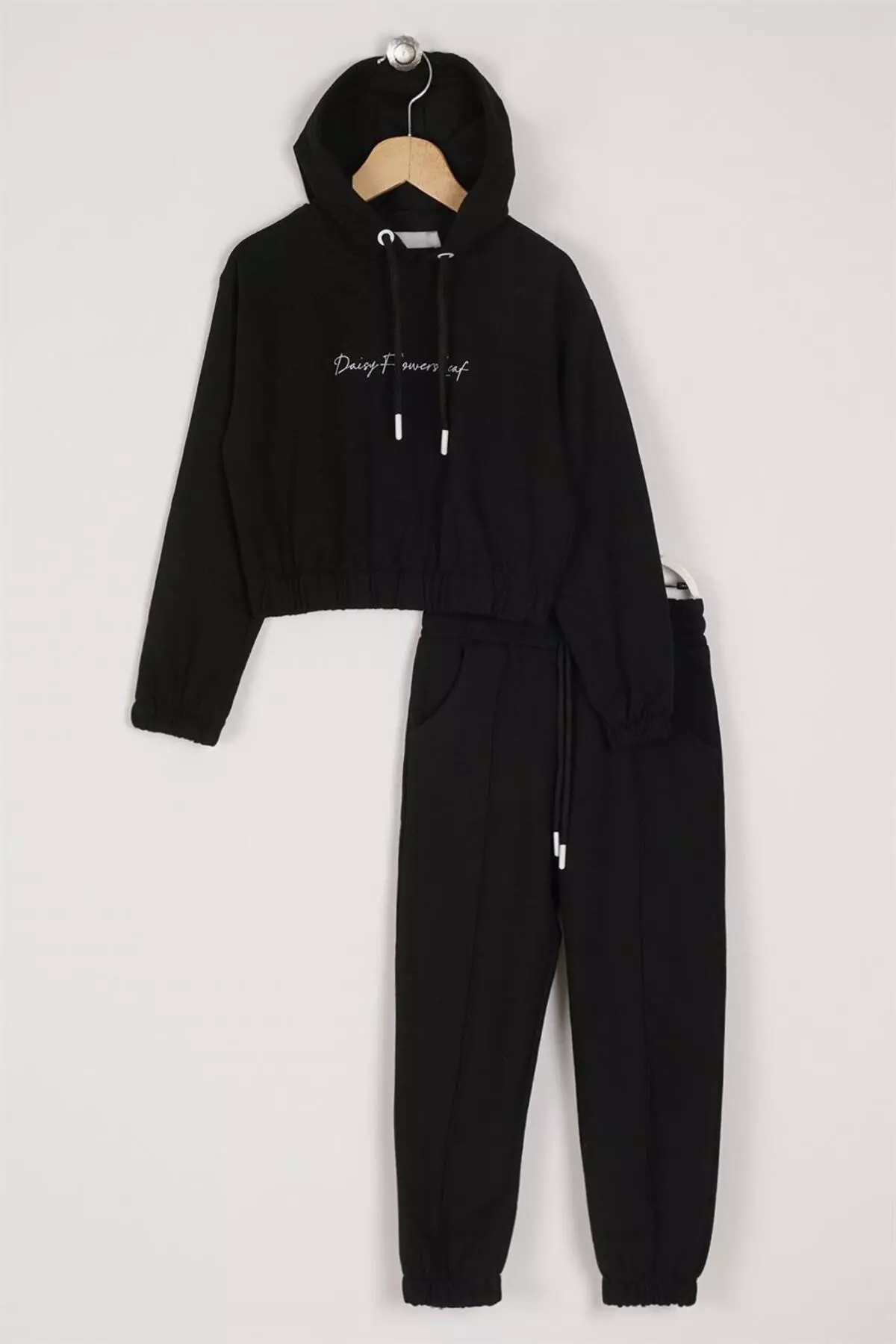 Girl Child Black Color Daisy Flowers Leaf Printed Hooded Two-Piece Set