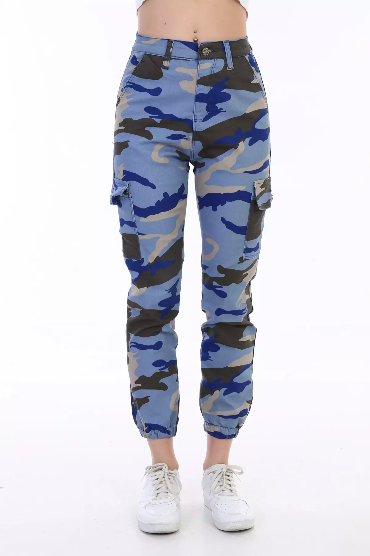 Blue Camouflage Pattern Cargo Pocket Gabardine Pants