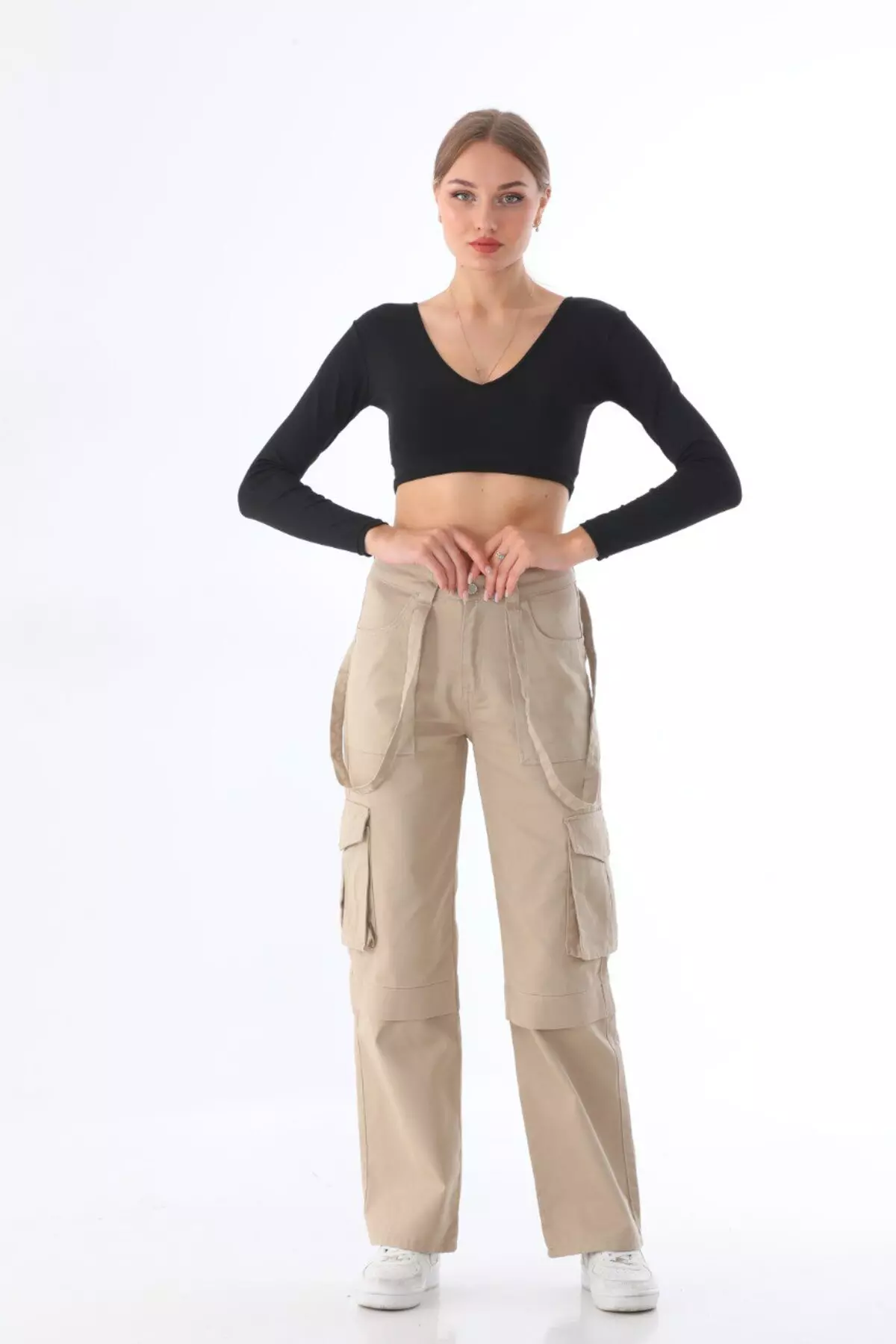 Women's Beige High Waist Multi-Pocket Strap Detail Straight Fit Cargo Pants