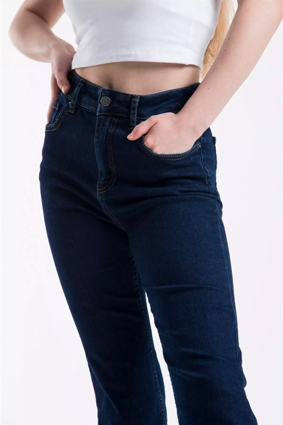 Women's High Waist Dark Blue Spanish Flare Jeans with Lycra Elastic Denim Trousers