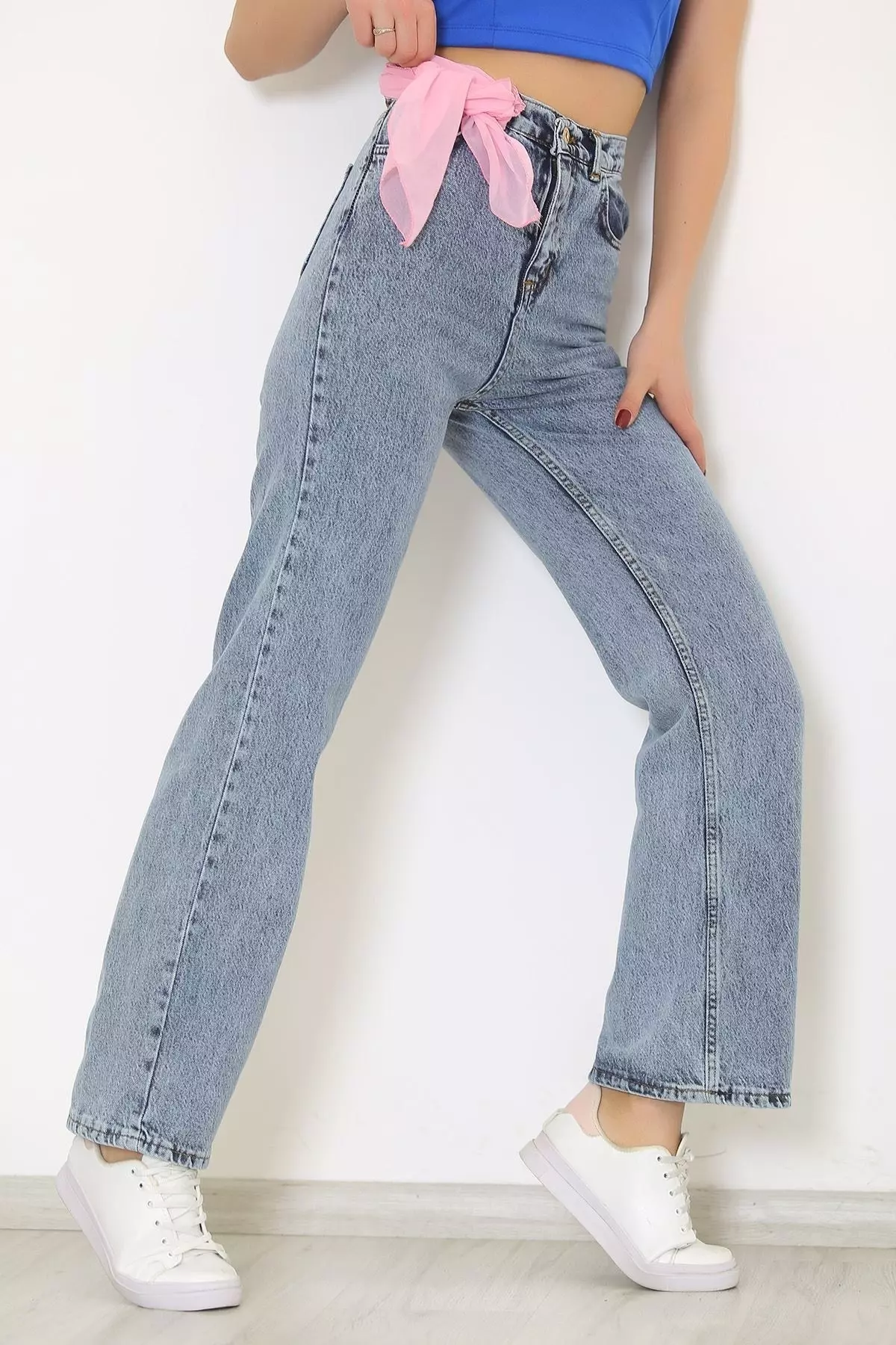 Blue High Waist Palazzo Jeans Wide Leg Distressed Stretch Denim Pants