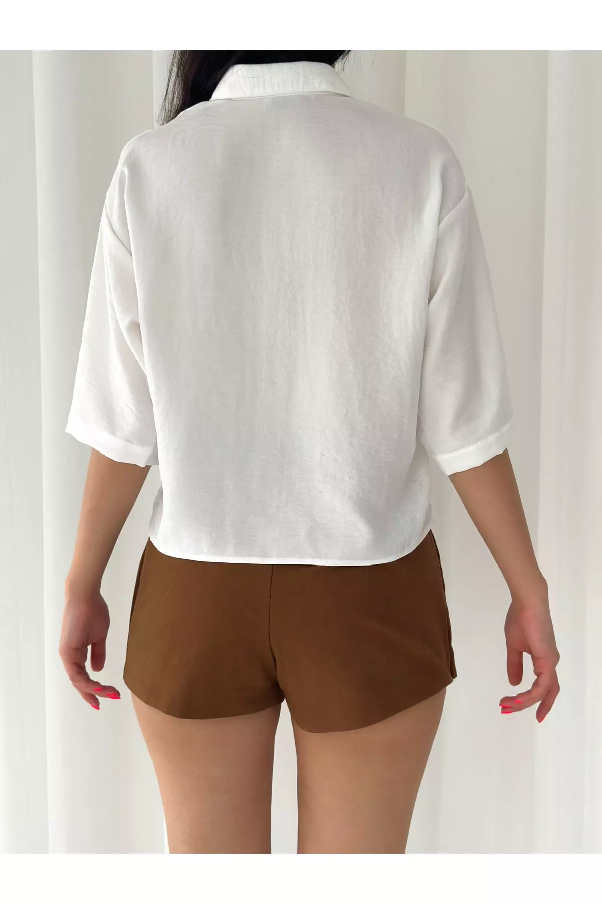 Women's Double Pocket Casual Half Sleeve Loose Fit Aerobic Fabric Short Crop Shirt GM9911