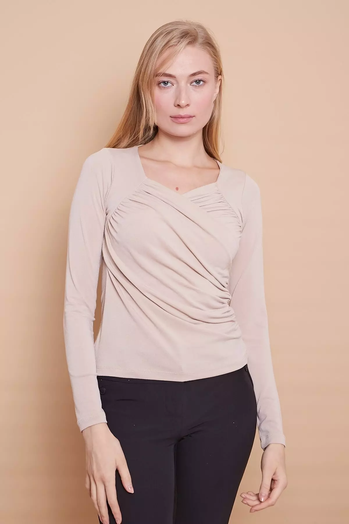Crepe Fabric Envelope Wrap Ruffled Long Sleeve Lycra Bodysuit Blouse-beige