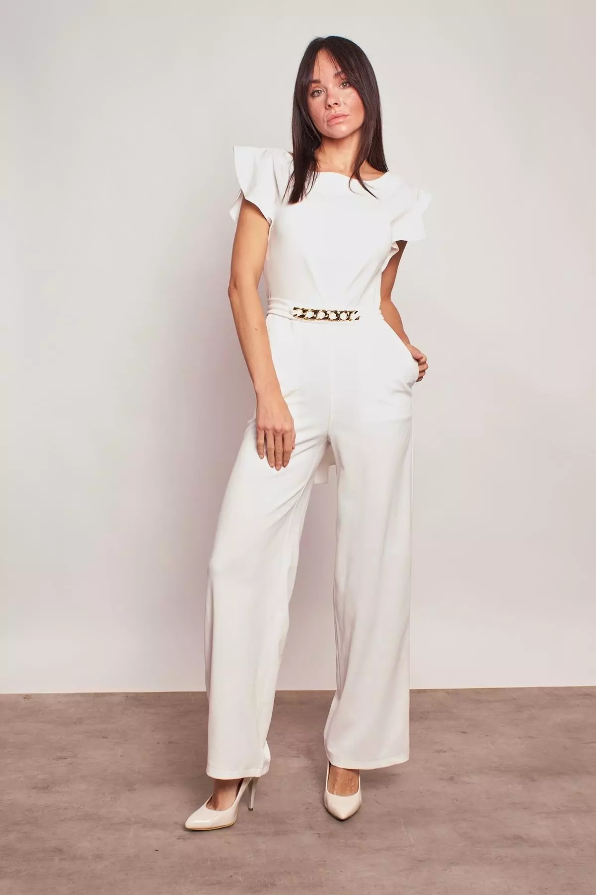 Chic Office Jumpsuit with Thick Crepe Fabric and Accessorized Ruffled Sleeves - Cream
