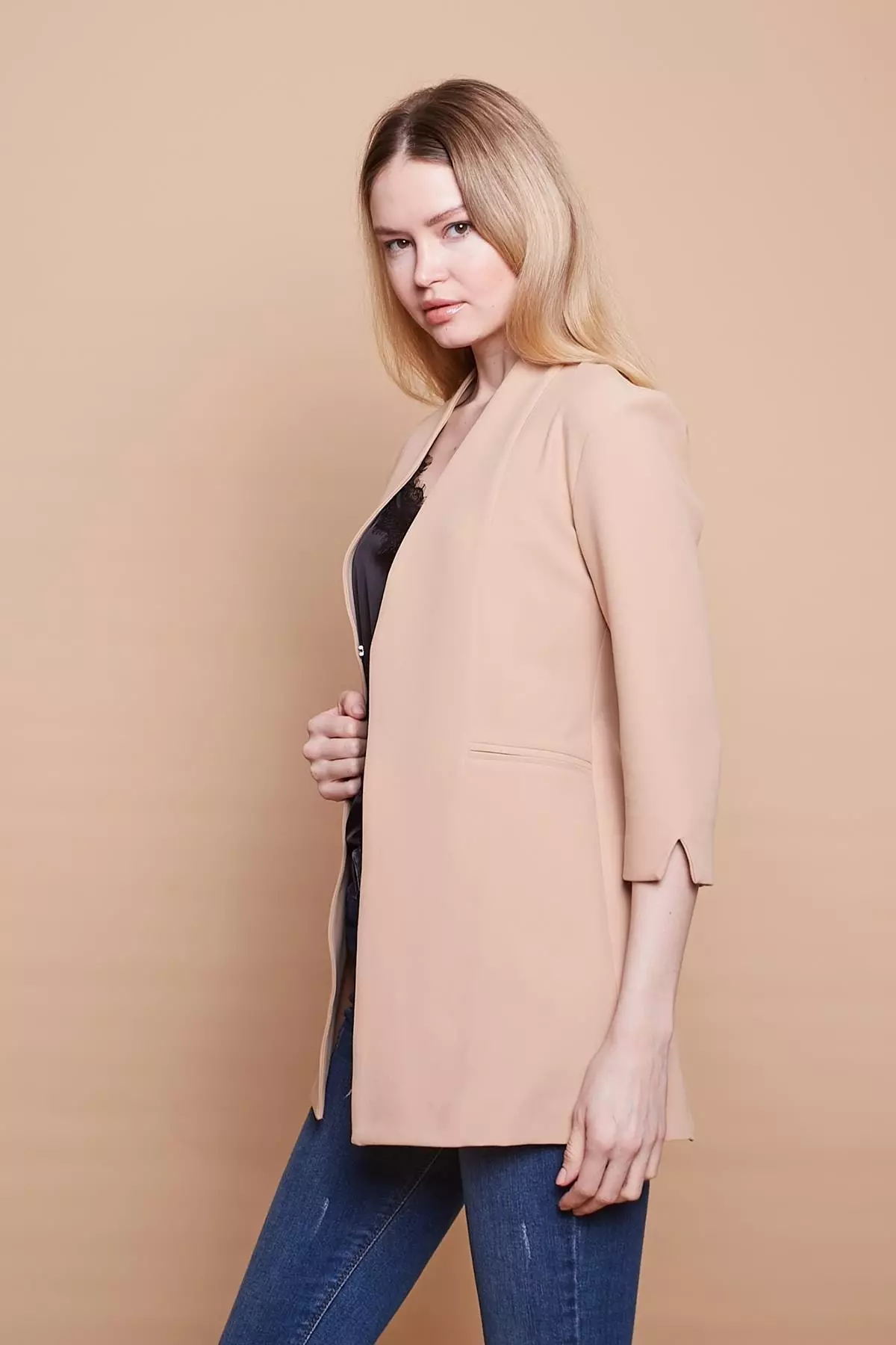 Judge Collar Flat Pocket Long Blazer Cotton Lycra Fabric Jacket - camel