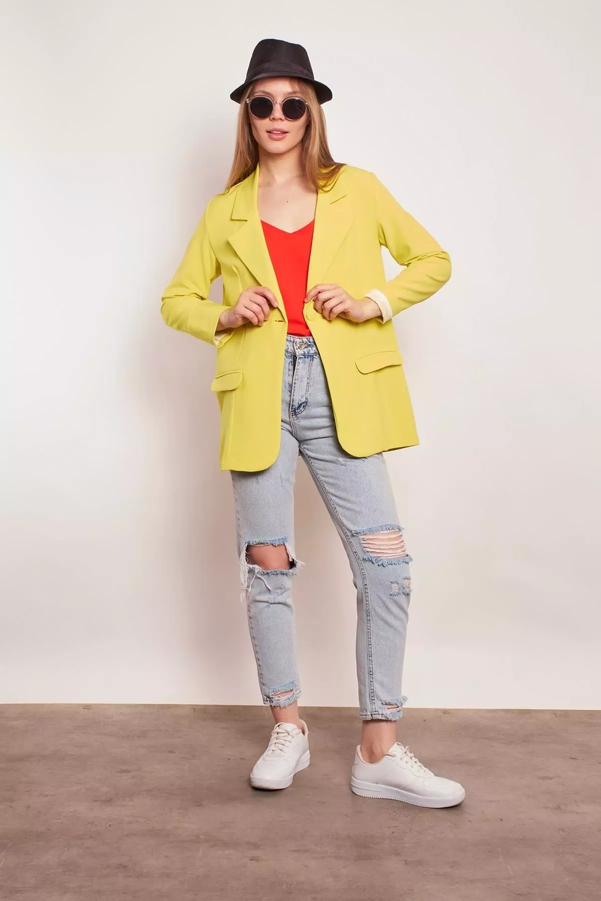 Buttoned Collar Foldable Pocket Flap Boyfriend Oversized Lightweight Lycra Fabric Blazer Jacket - Neon Yellow