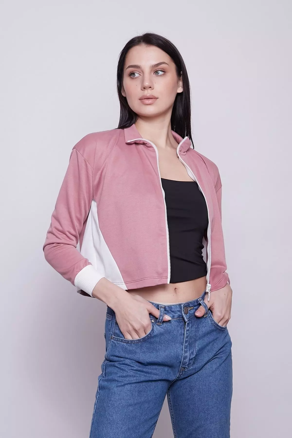Women's Dried Rose Zippered Two-Tone Sporty Crop Sweatshirt
