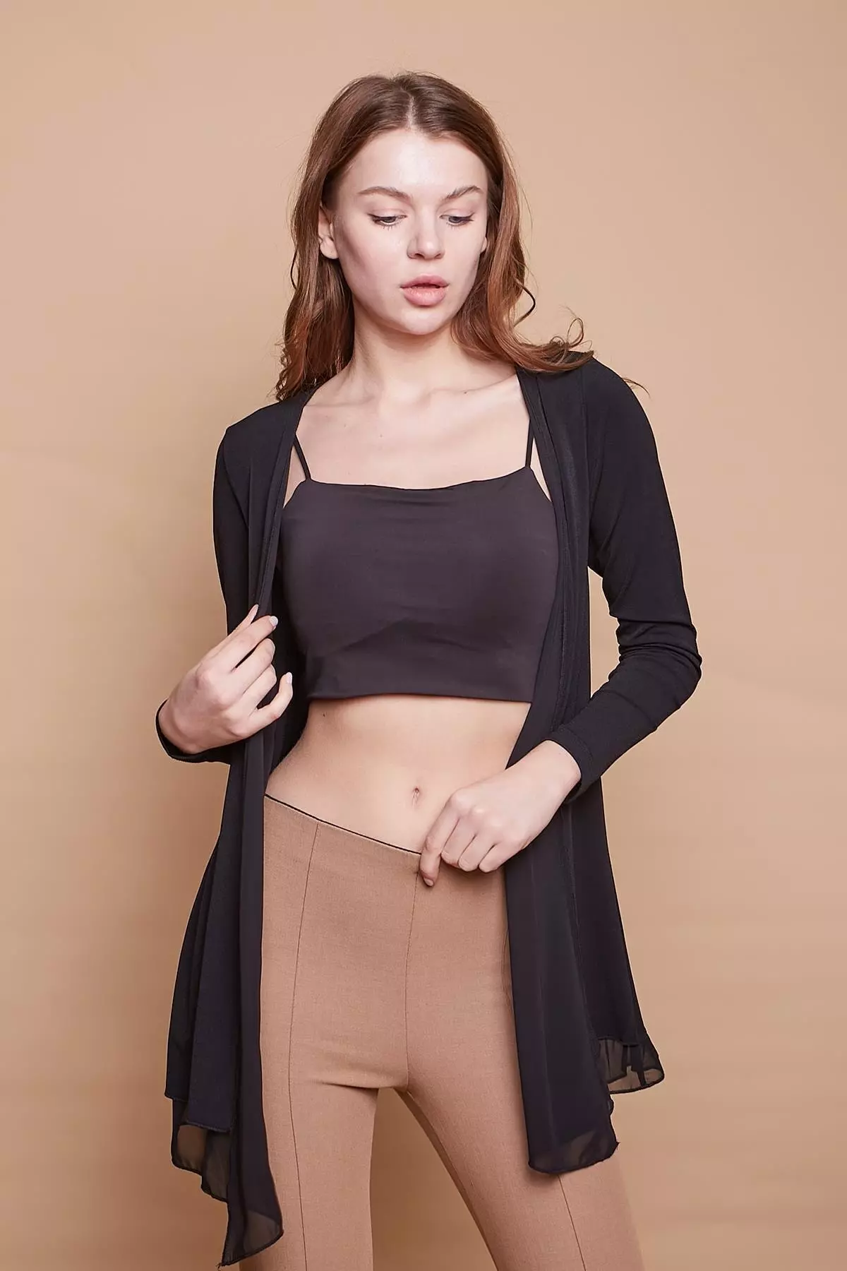 Lycra Crepe Fabric Chiffon Detailed Long Sleeve Cardigan-black