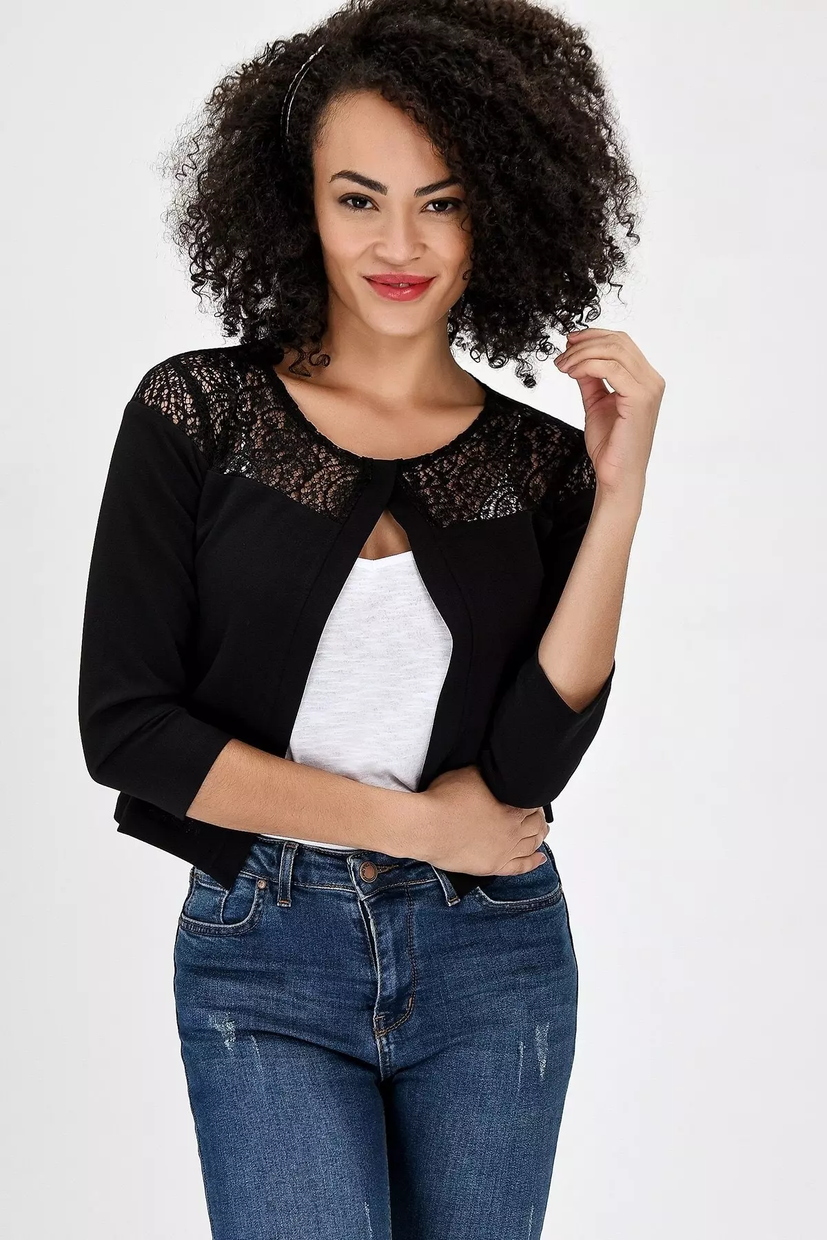 Women's Black Bolero with Capri Sleeves and Lace Details Stylish Office Cardigan 60012