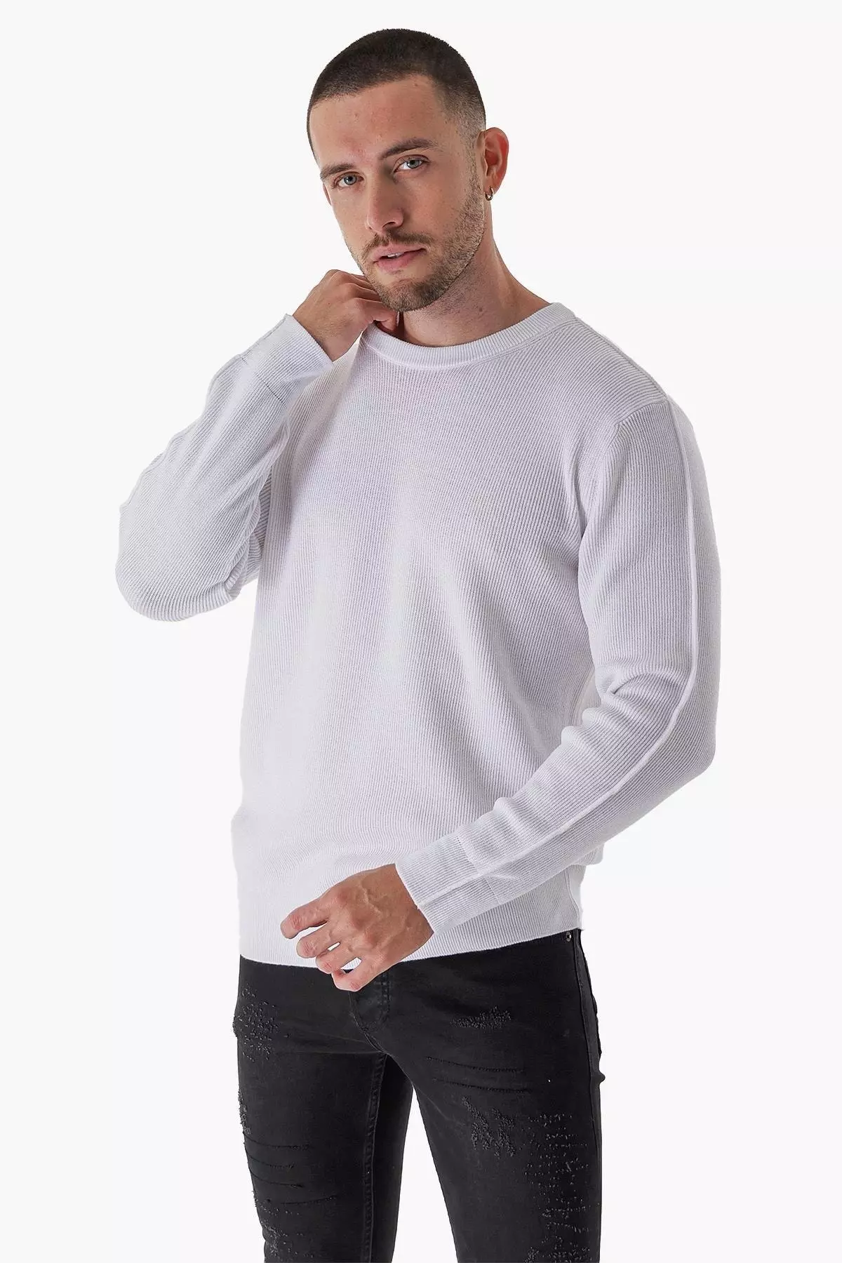 Men's Bicycle Neck Selanik Knitted Sleeve and Shoulder Reverse Stitch Casual Sweater White 23s2012