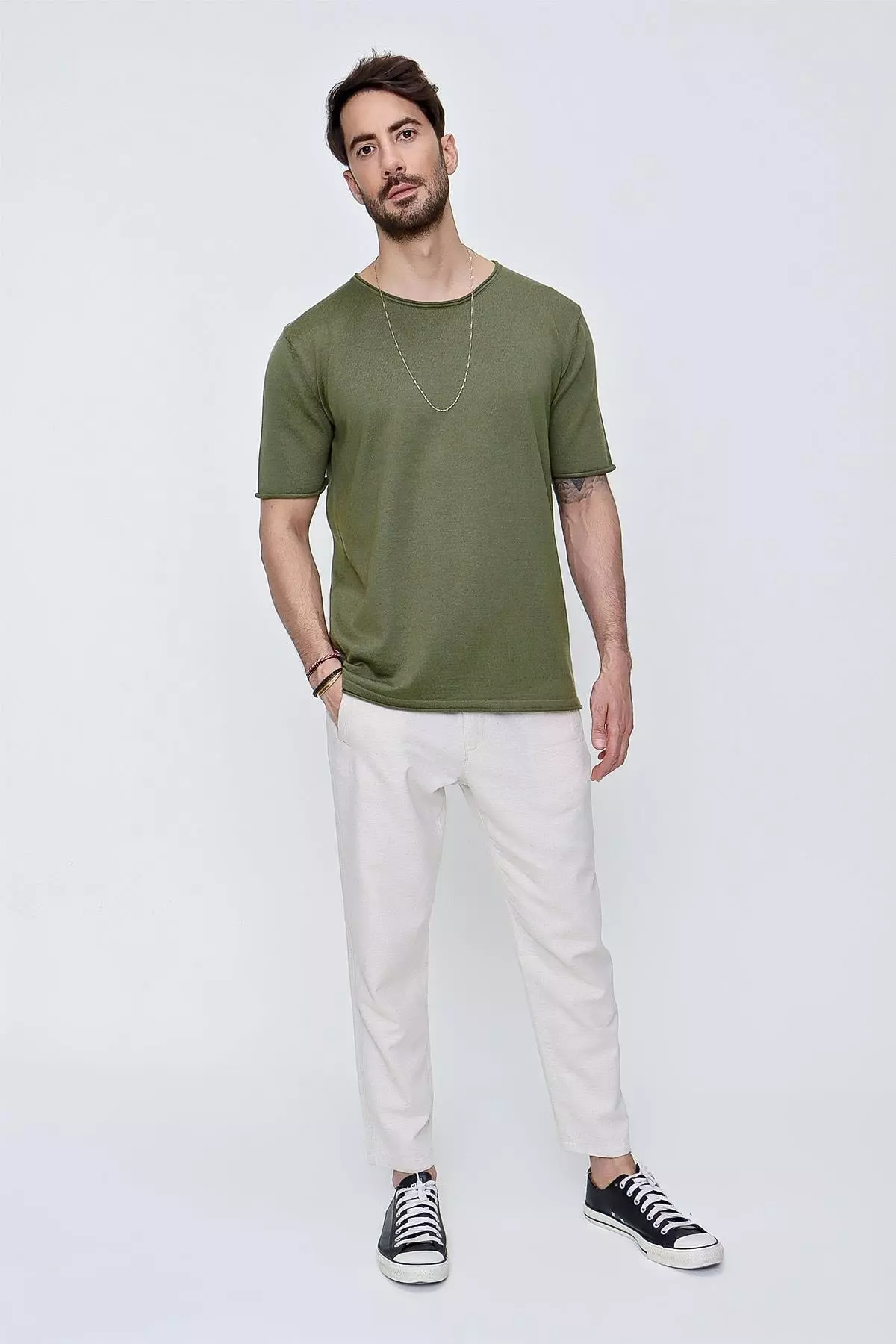 Men's Bicycle Neck Loose Fit Cotton Thin Knit T-shirt Khaki 22sm210