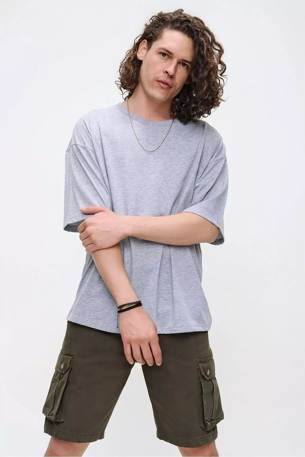 Men's Open Grey Bicycle Neck Oversize Basic Cotton T-shirt 21s102