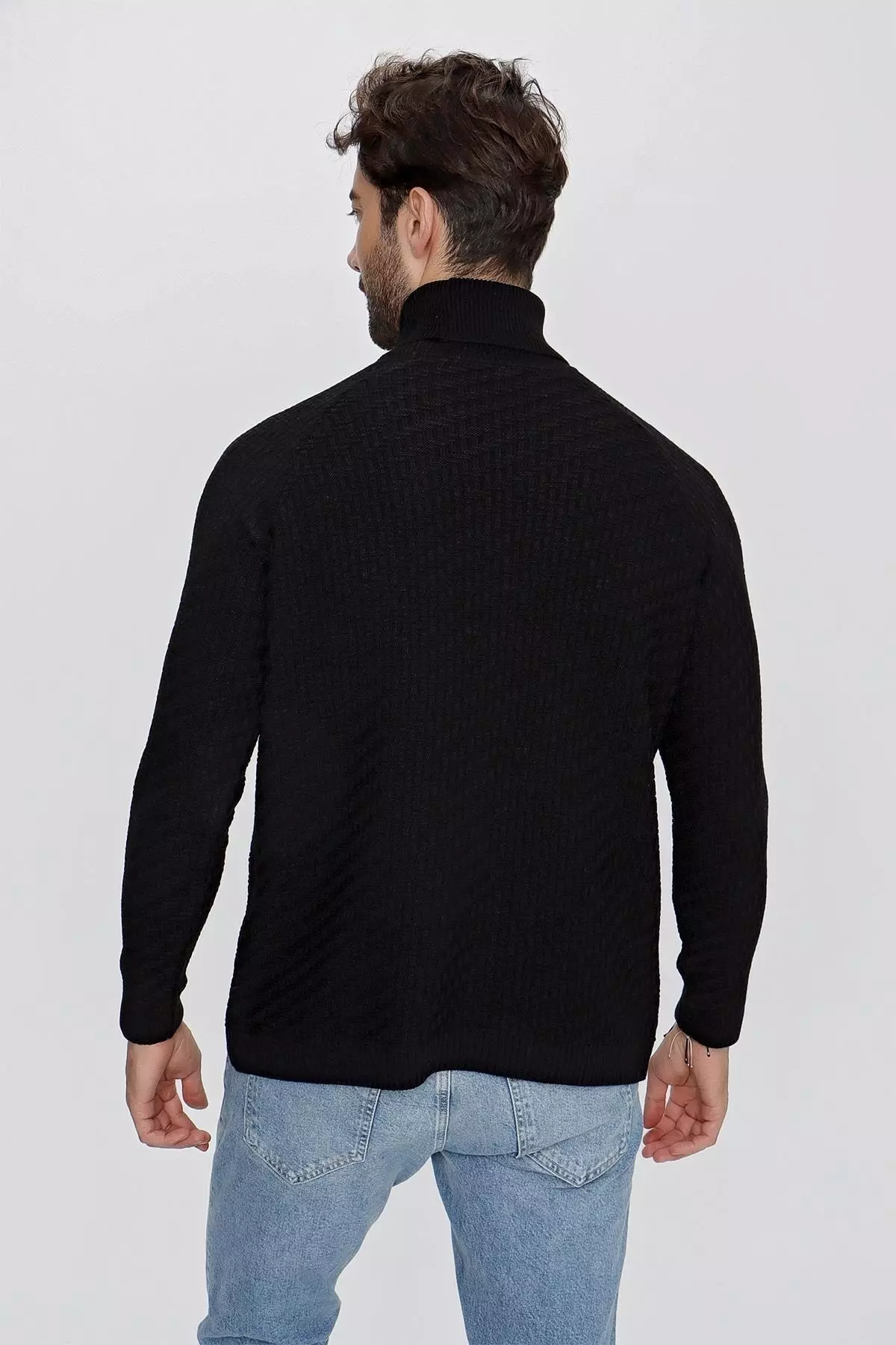 Men's Fisherman Collar Regular Fit Textured Long Sleeve Sweater Black 23w212