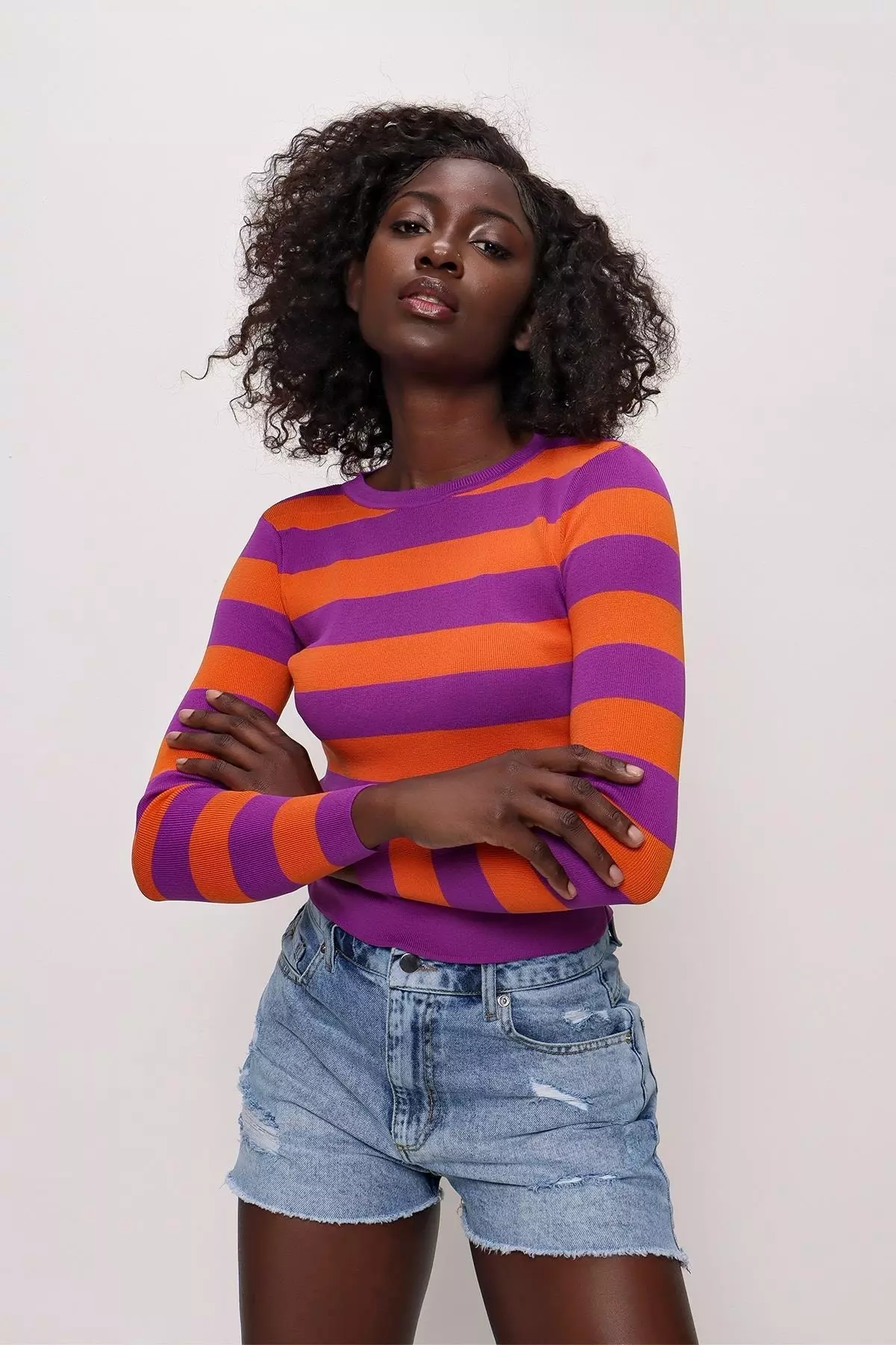 Women's Striped Bike Neck Sweater Purple-Orange 22sw301