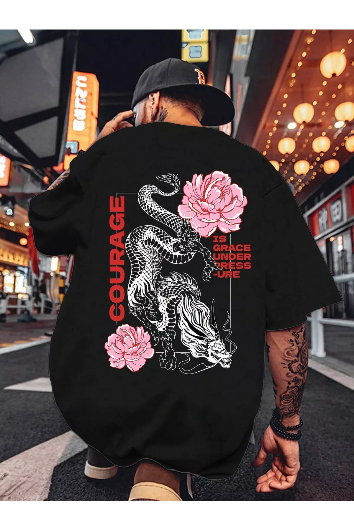 UNISEX BLACK PRINTED OVERSIZE CUT SHORT SLEEVE T-SHIRT