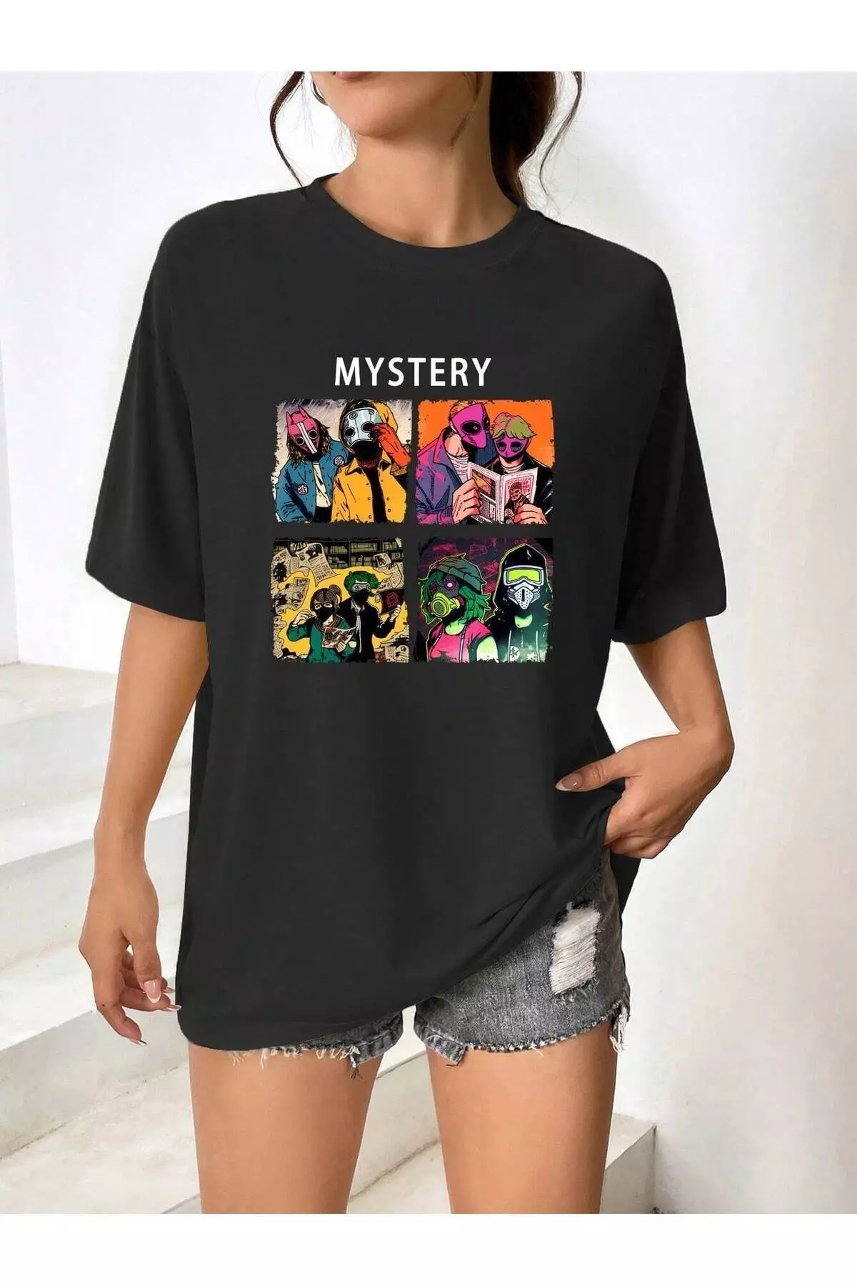 UNISEX BLACK PRINTED OVERSIZE CUT SHORT SLEEVE T-SHIRT