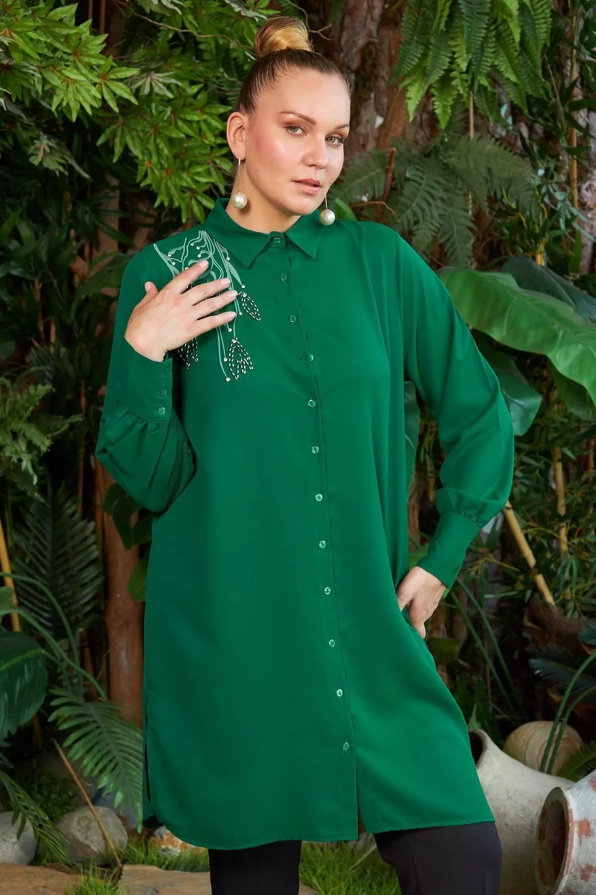 Embroidered and Stone Detailed Plus Size Long Green Shirt Tunic