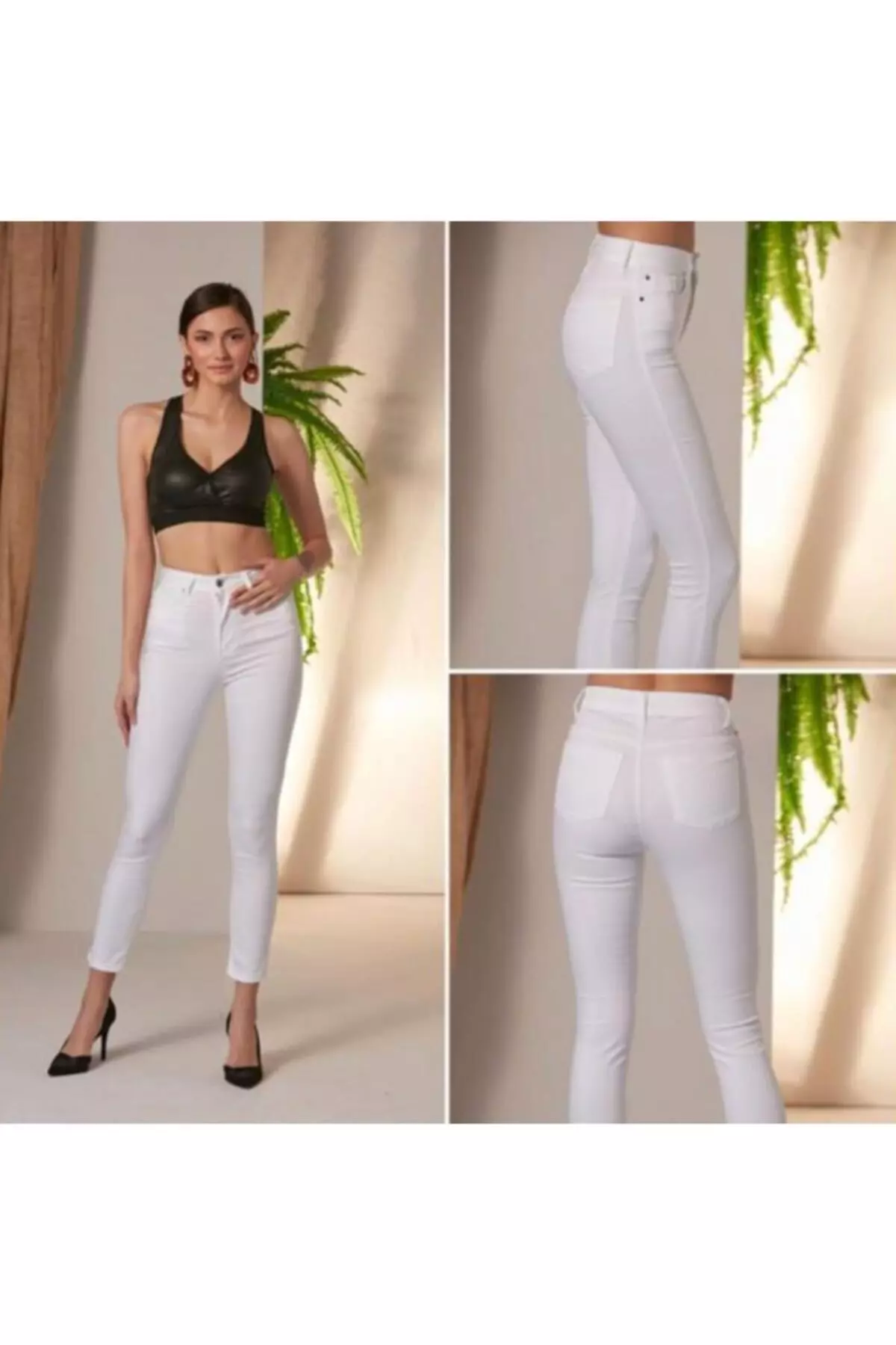 Women's White Cotton Stretch Pants, Ankle Length