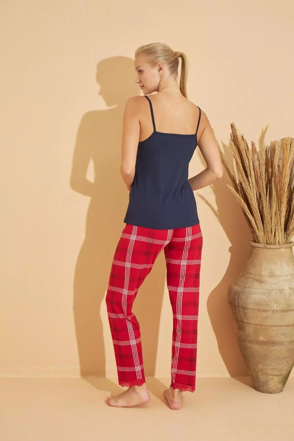 Red Plaid Patterned Bamboo Women's Pajama Set