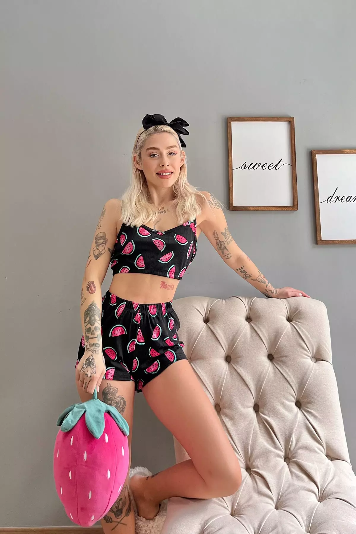 Women's Black Watermelon Patterned Shorts Bodysuit Pajama Set