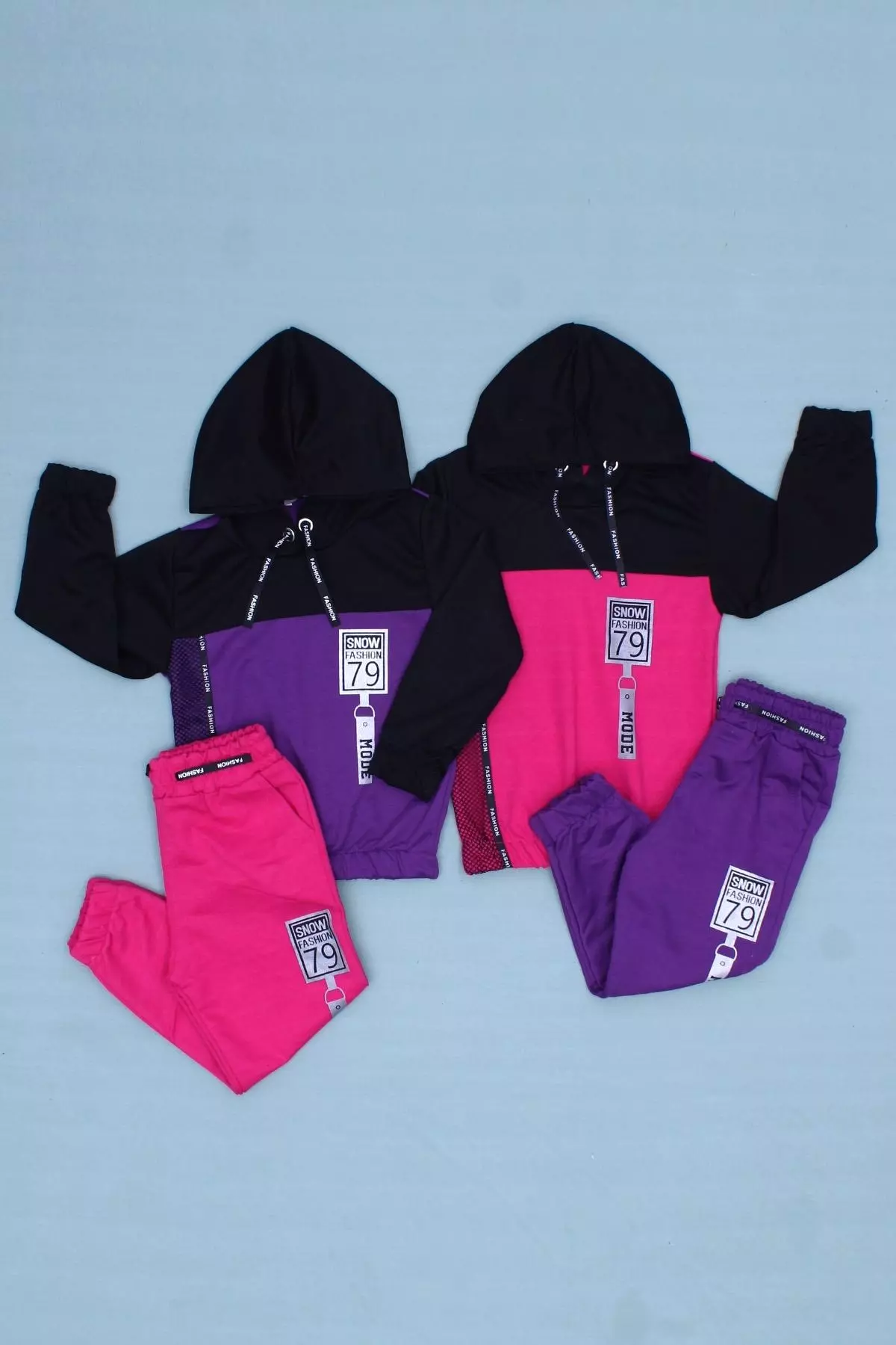 Snow Fashion Printed Hooded 2-Piece Girl's Tracksuit with File Detail