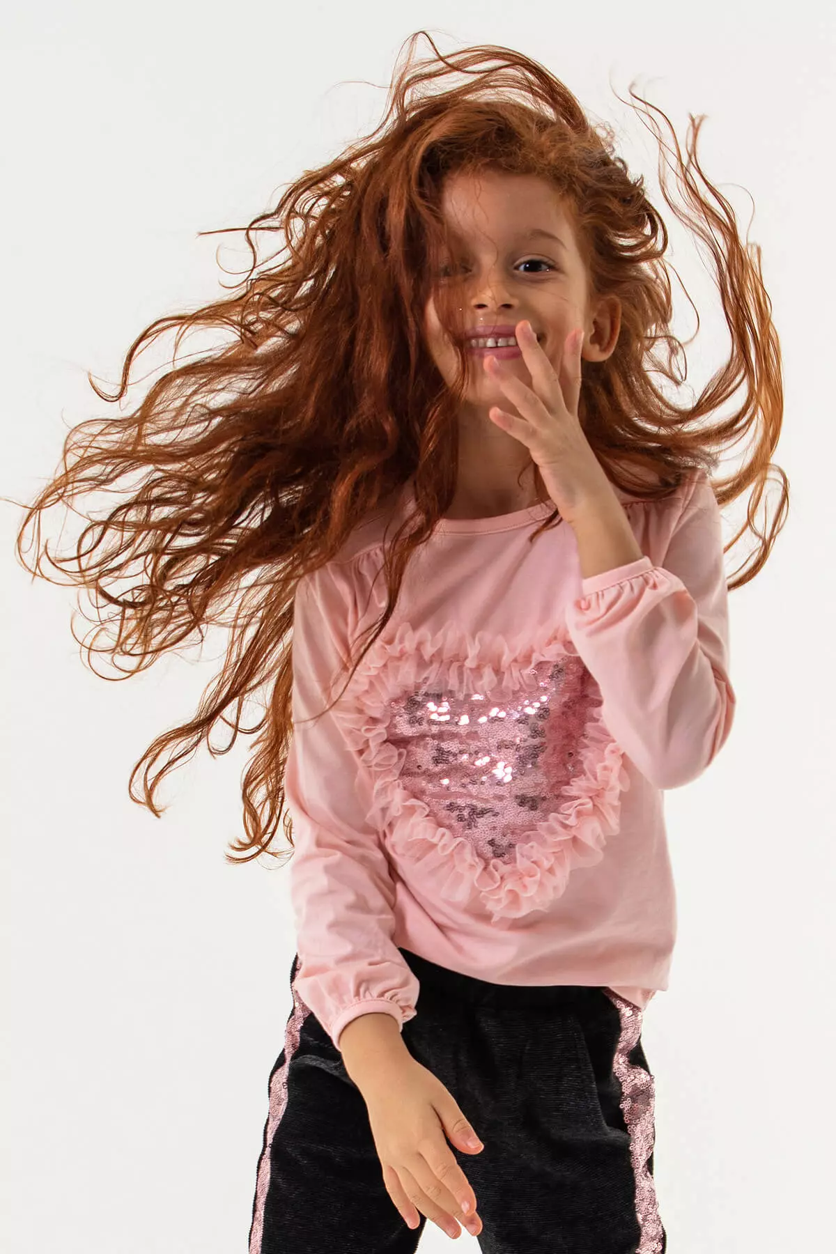 Heart Sequined Embellished Long Sleeve Girl's T-shirt