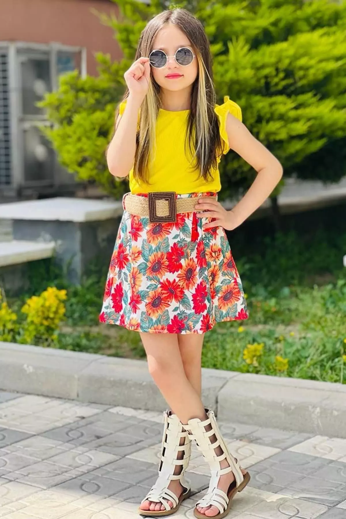 Girl Child Ruffled Sleeve Flower Printed Yellow Skirt Set