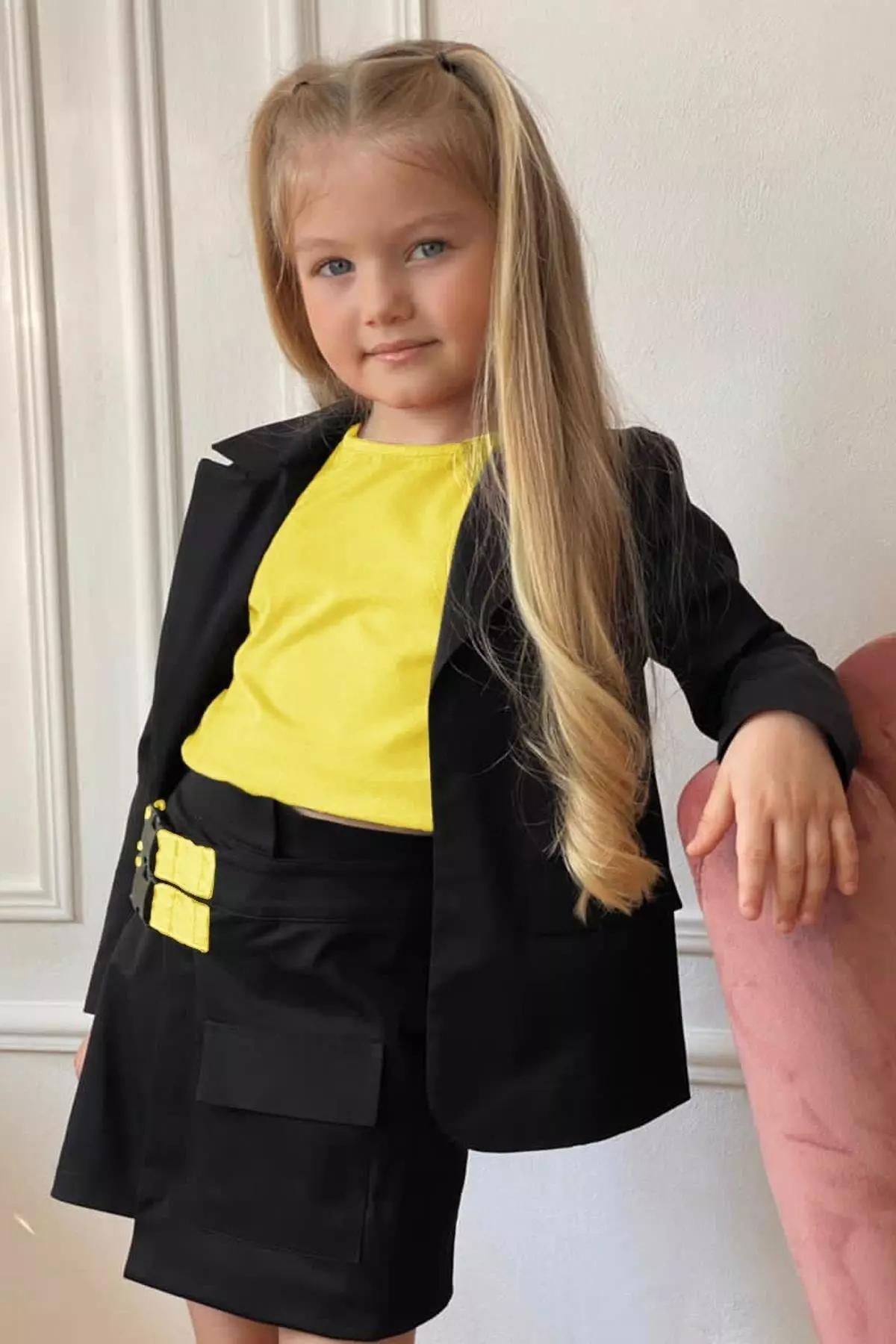 Girl Child Zero Sleeve Blouse and Double Belt Detail Yellow Skirt Set